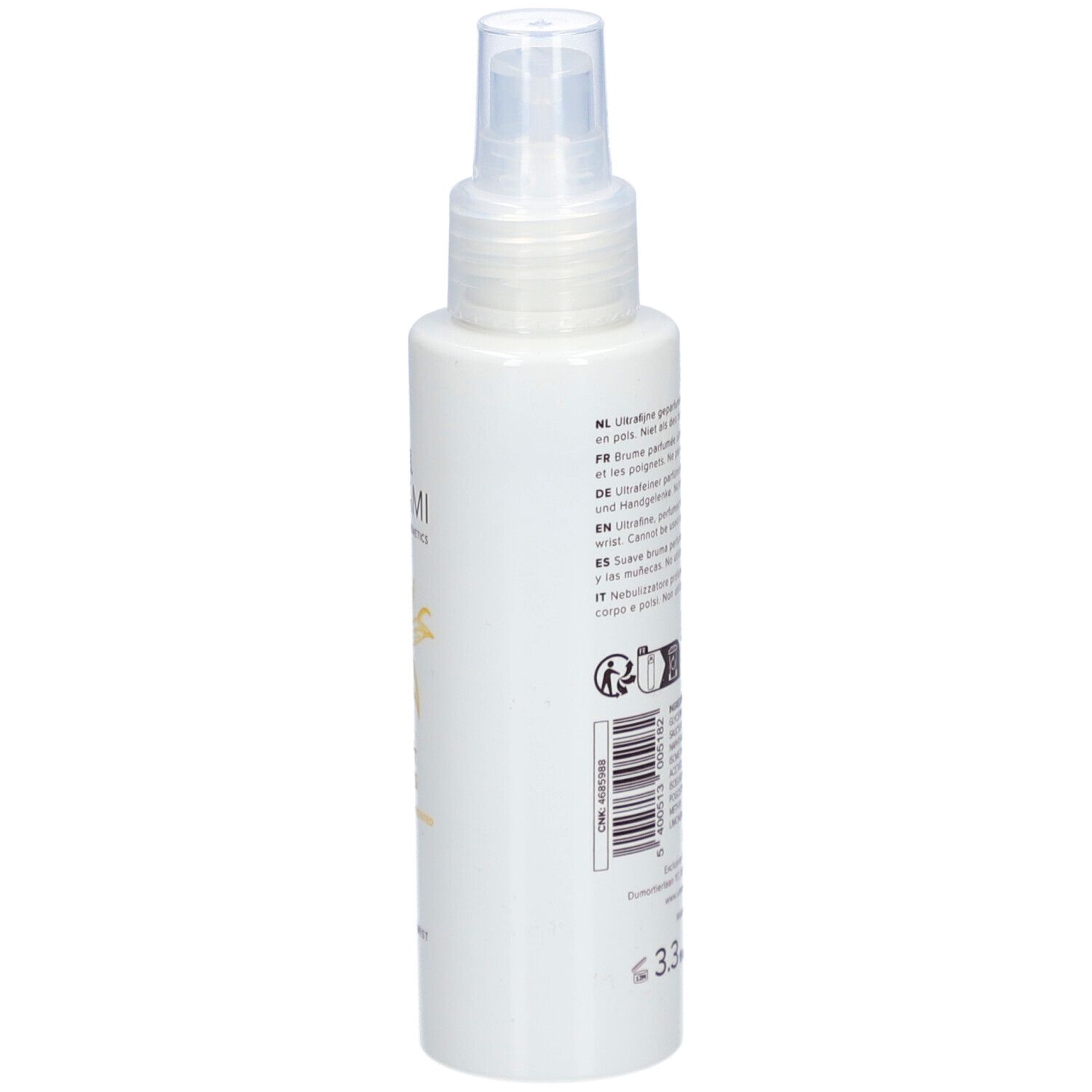 Witte fles met verstuiver. Achterkant met tekst. Opschrift: UMAMI, 3.3 fl.oz. 100ml.