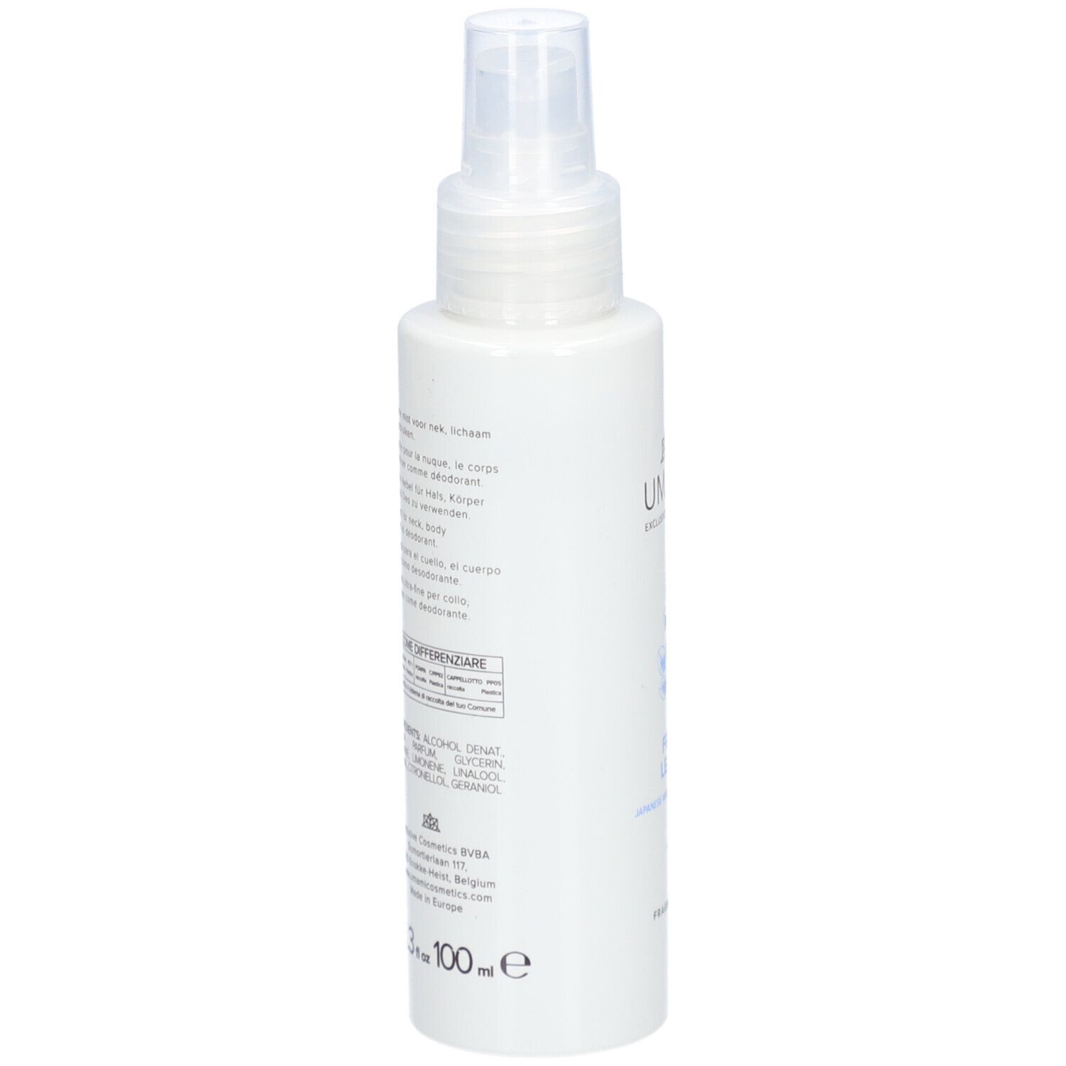 Witte fles met verstuiver. Meertalige tekst. Opschrift: 100 ml.