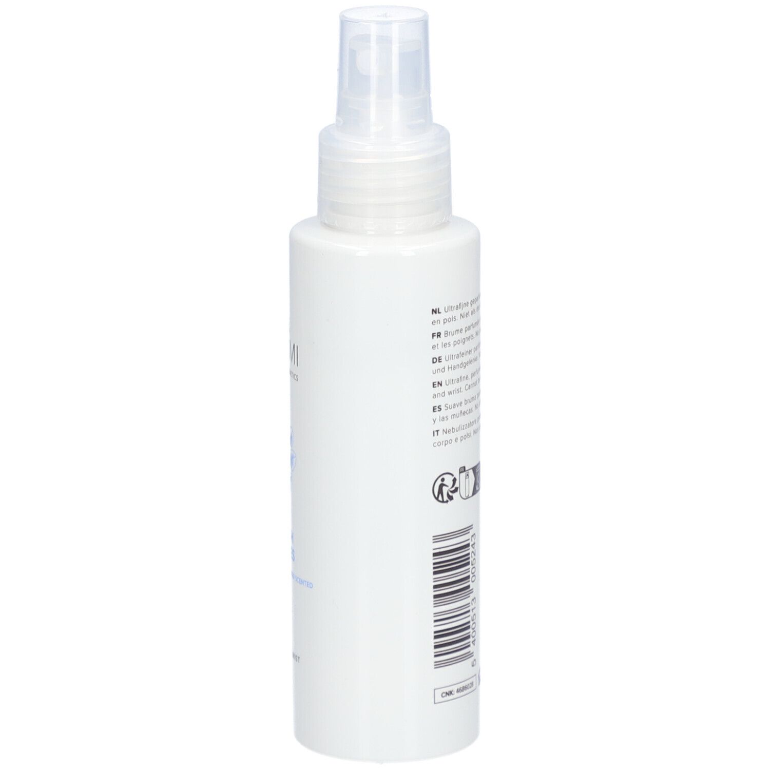 Witte fles met verstuiver. Meertalige tekst. Barcode.