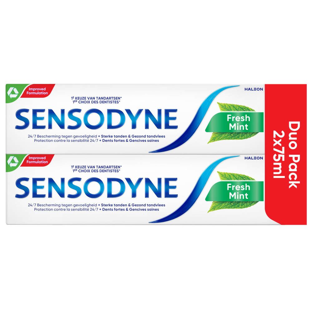Sensodyne Fresh Mint tandpasta, twee tubes en een duo-pack. Witte tubes met groene en blauwe elementen.