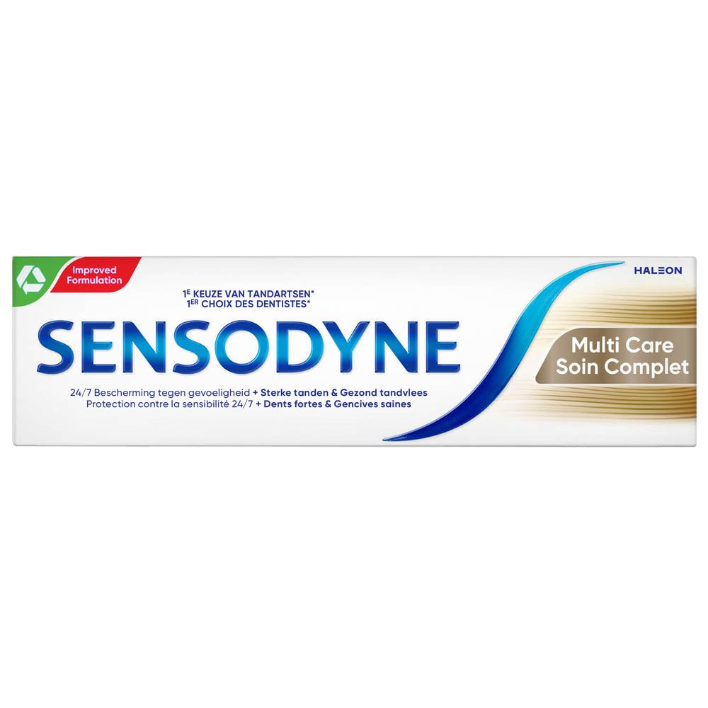 Sensodyne Multicare tandpasta en verpakking. Wit, blauw, bruin. Tekst: Multi Care, Sensodyne, 24/7 bescherming.