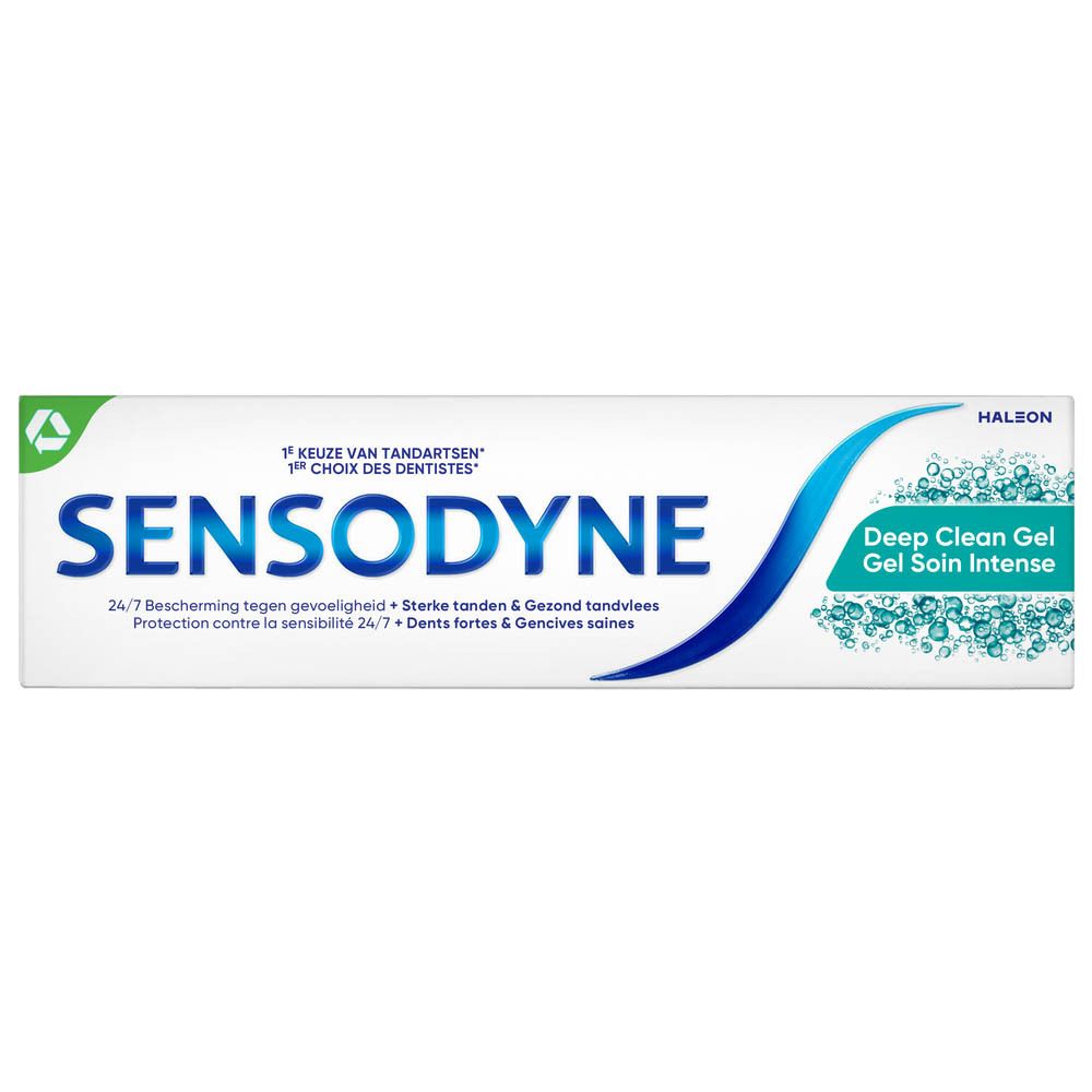 Tandpasta verpakking. Merk Sensodyne, Deep Clean Gel. Blauwe golf-afbeelding. Tekst: 24/7 bescherming, sterke tanden & gezond tandvlees.
