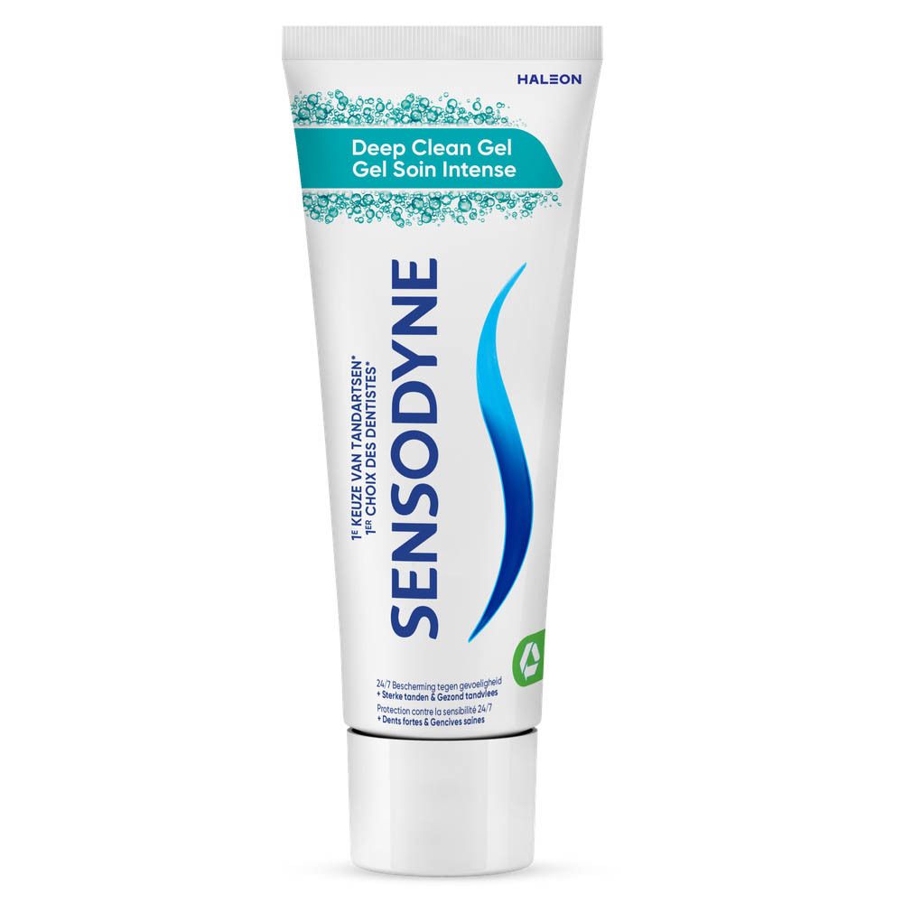 Tandpasta tube. Merk Sensodyne, Deep Clean Gel. Blauwe golf-afbeelding. Tekst: 24/7 bescherming, sterke tanden & gezond tandvlees.