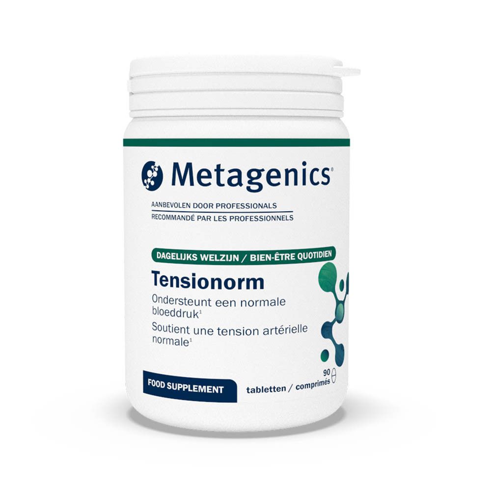 Witte fles Tensionorm, Metagenics, 90 tabletten. Opschrift Tensionorm.