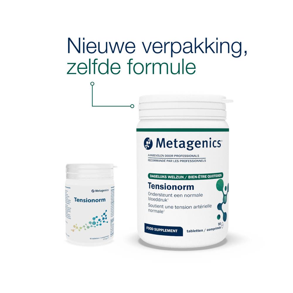 Twee witte flessen Tensionorm. Een kleine en een grote. Tekst: Nieuwe verpakking, zelfde formule.