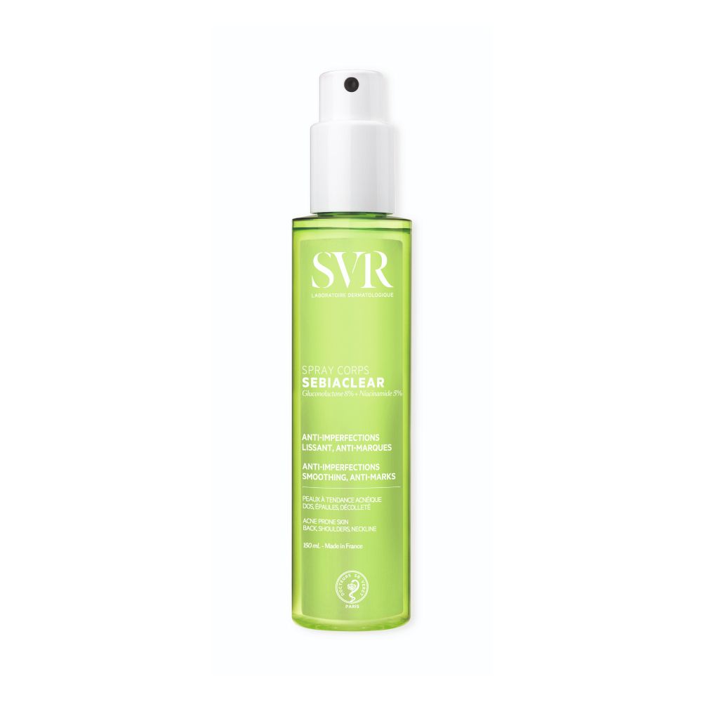 Groene fles met witte spraykop. Opschrift: SVR, Sebiaclear Spray Corps. Anti-onzuiverheden.