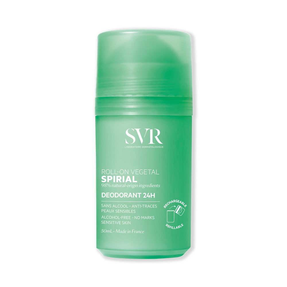 Groene roll-on deodorant. SVR-logo en productnaam. Tekst: Roll-on Végétal Spirial, Deodorant 24H, 50ml.