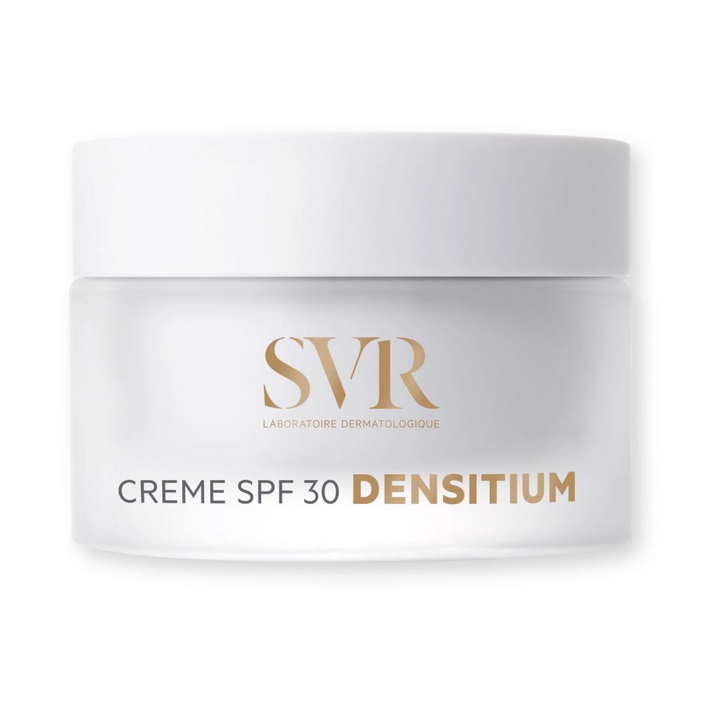Crèmepot met witte deksel. Opschrift: SVR, Crème SPF 30 DENSITIUM.