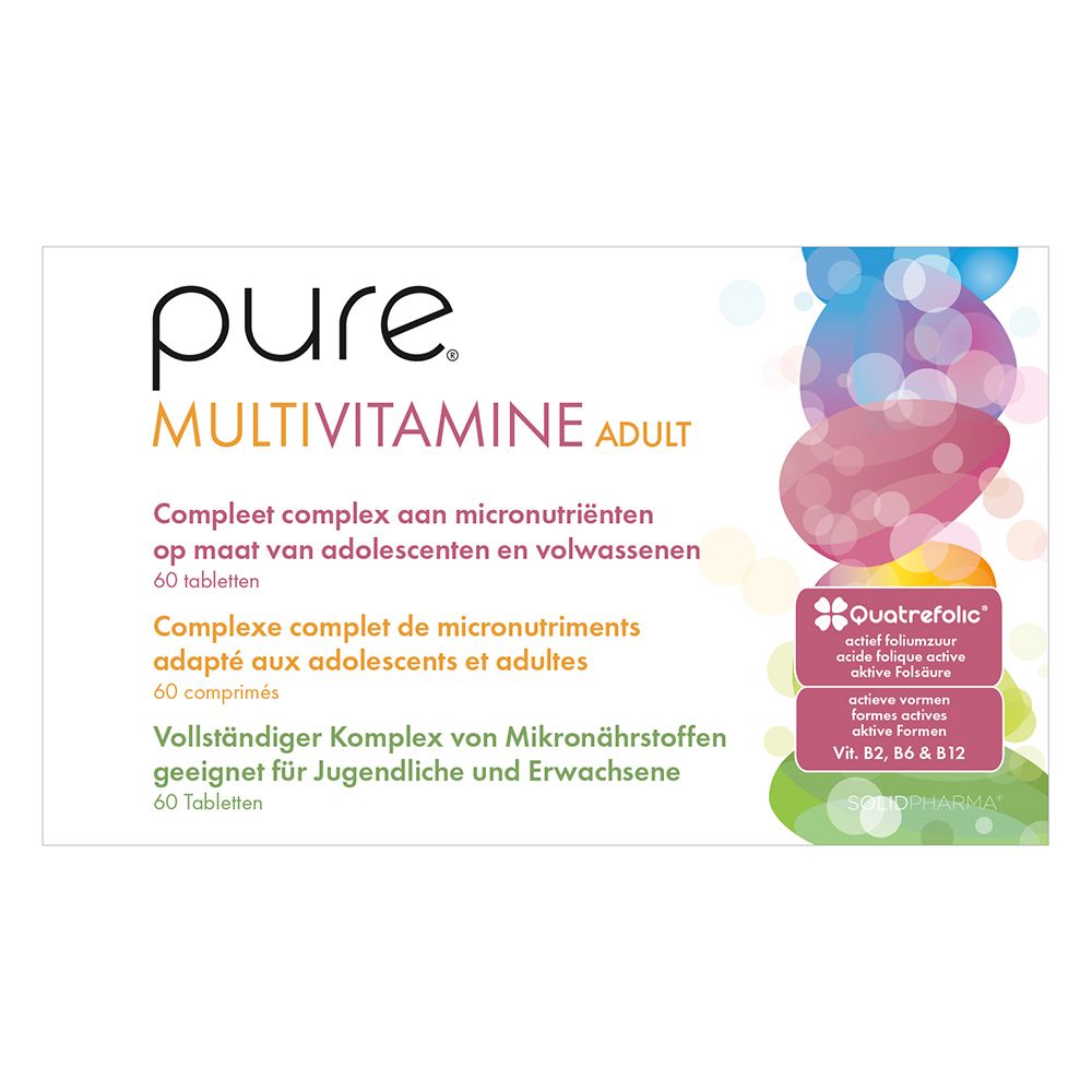 Witte doos met "pure MULTIVITAMINE ADULT". 60 tabletten. Meertalige tekst. Quatrefolic-logo.
