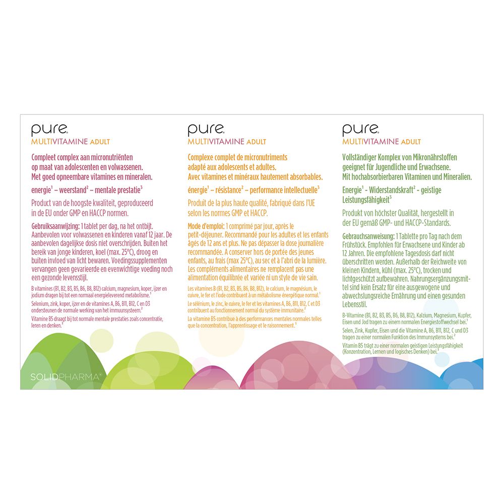 Dos de la boîte blanche « pure MULTIVITAMINE ADULT ». Texte multilingue.