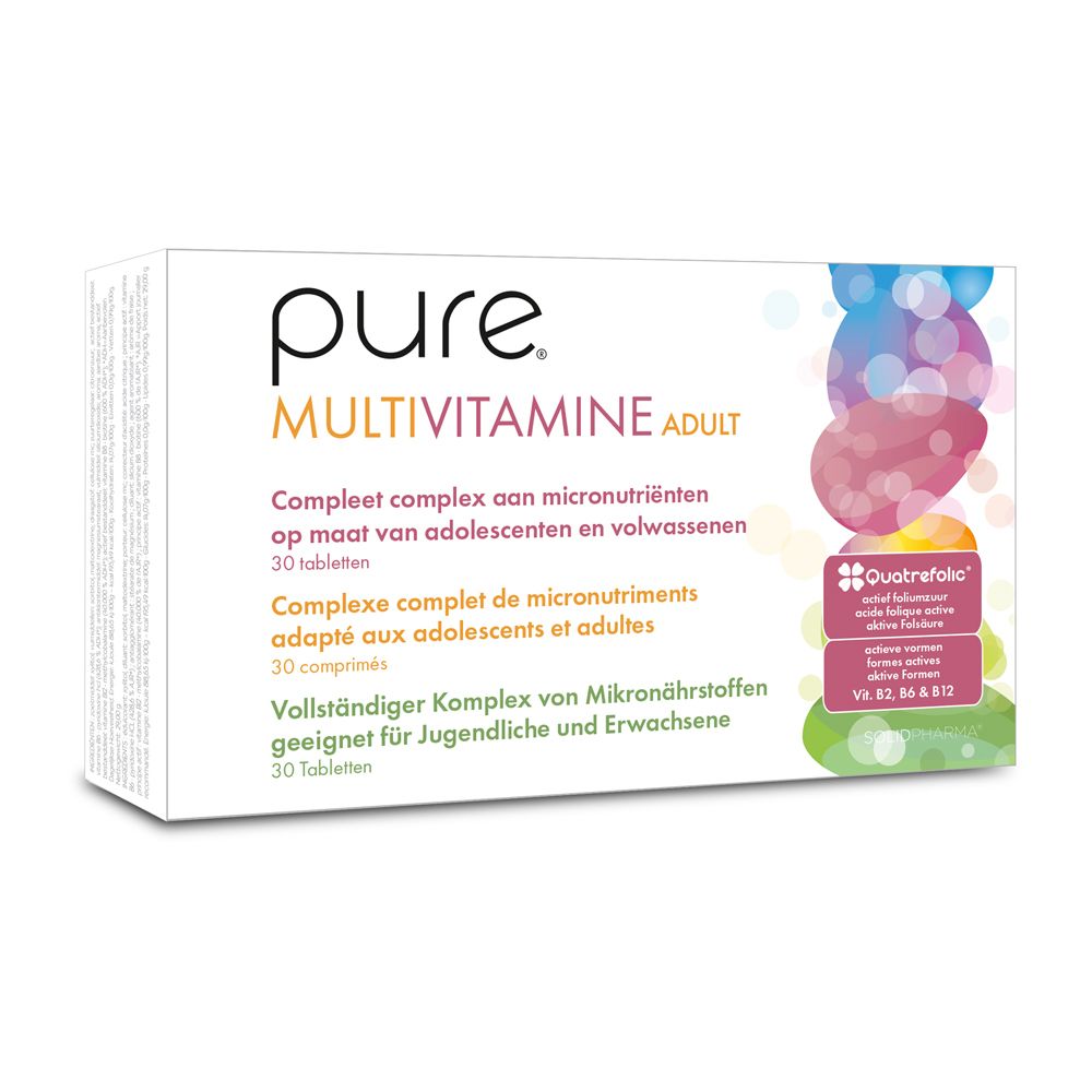 Boîte blanche « pure Multivitamine Adult ». Fond coloré. 30 comprimés.
