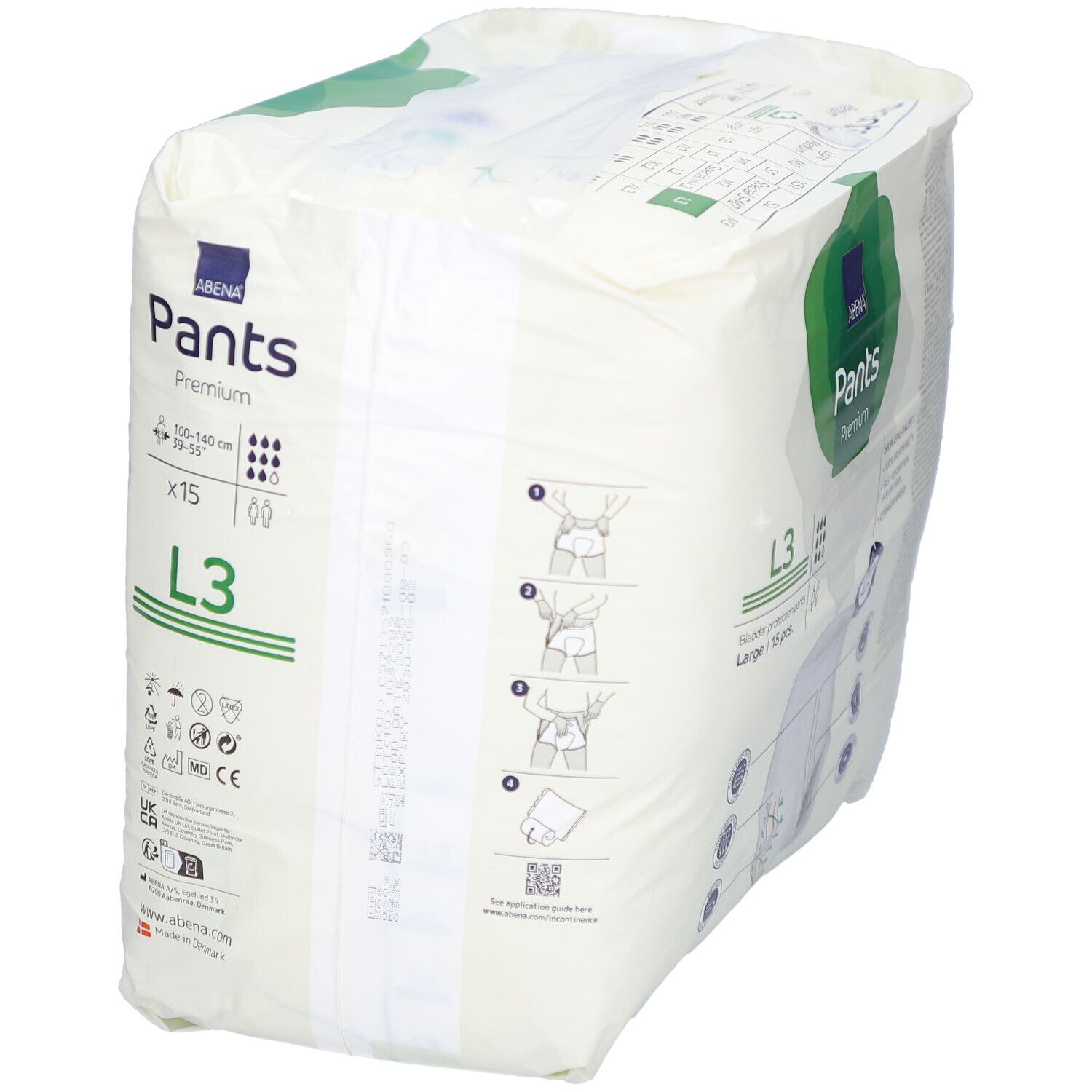 Verpakking Abena Pants Premium L3 Large. Merk, productnaam, maat L3, 15 stuks, en gebruiksvoorbeelden.
