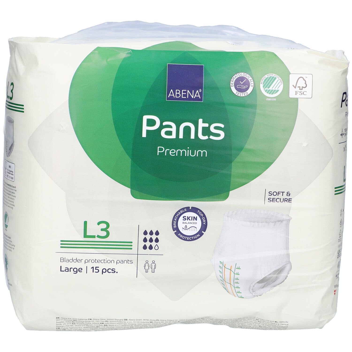 Verpakking Abena Pants Premium L3 Large. Merk, productnaam, maat L3, 15 stuks, Skin Balanced, FSC-keurmerk.