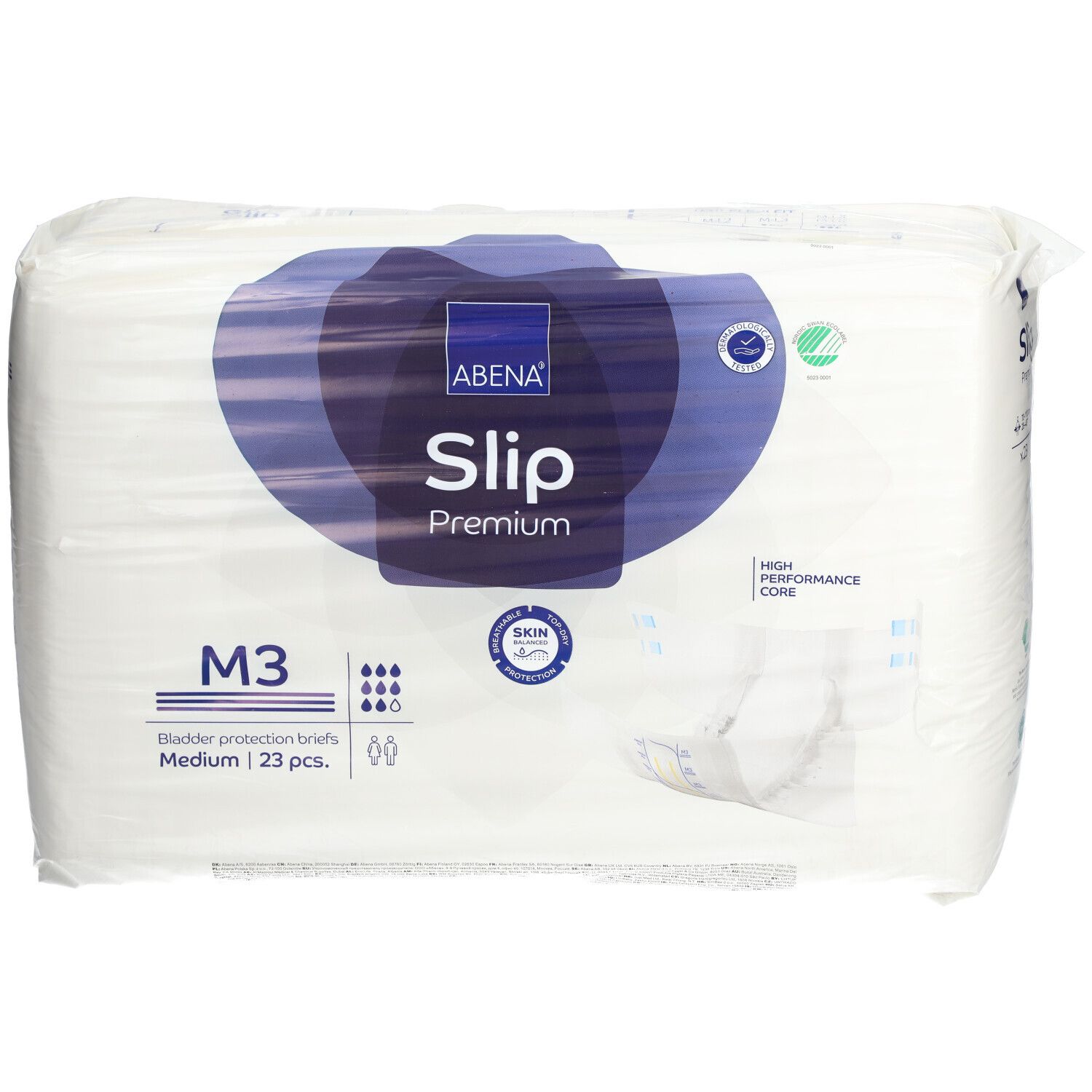 Verpakking ABENA Slip Premium M3. Witte folie met blauw logo en productnaam. Bevat 23 stuks.