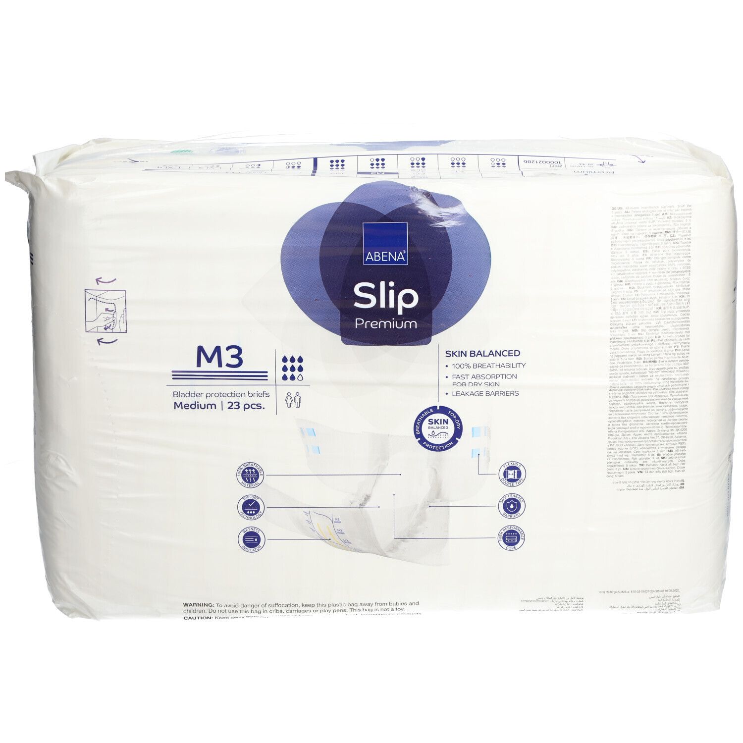 Verpakking ABENA Slip Premium M3. Witte folie met blauw logo en productnaam. Bevat 23 stuks. Extra informatie.