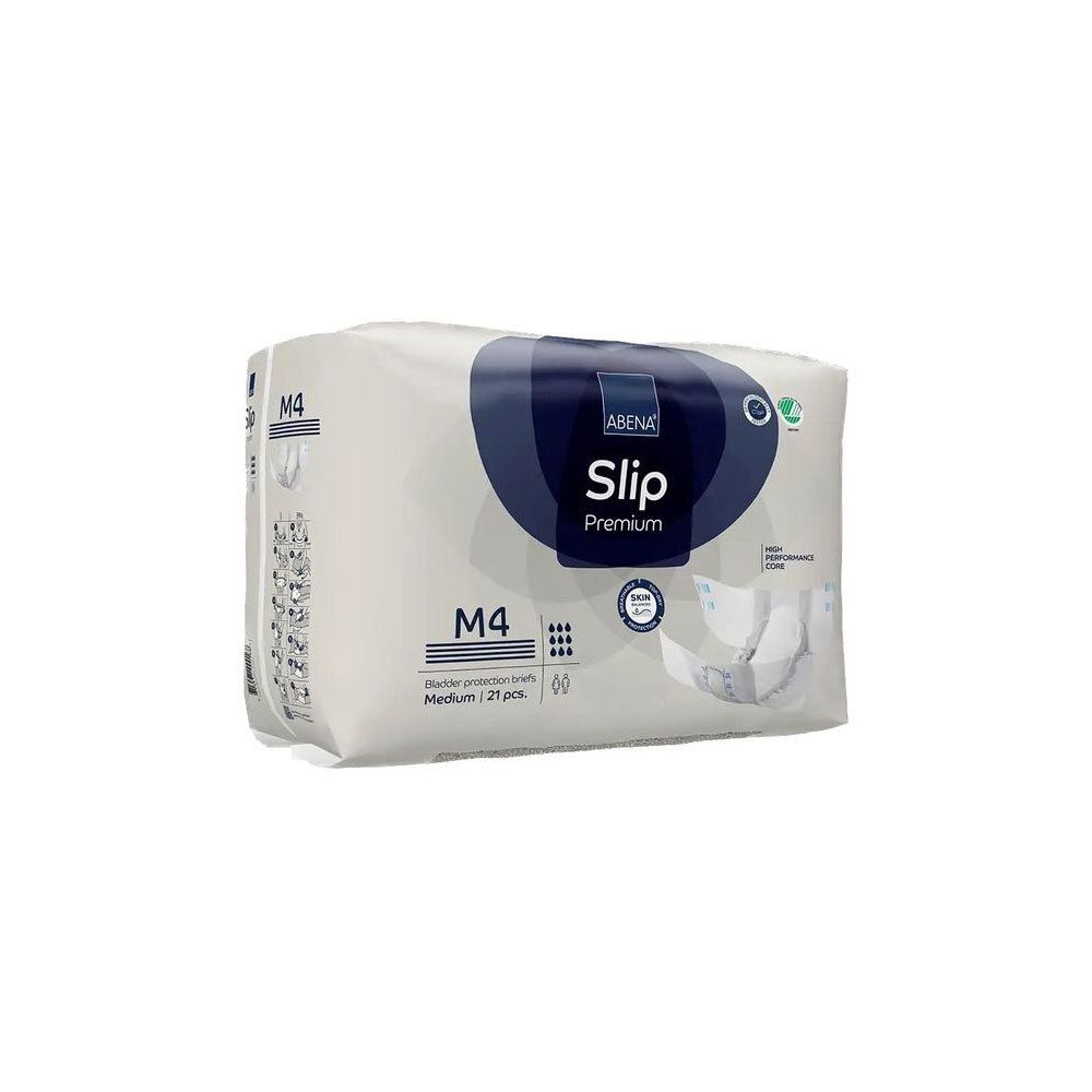 Abena Slip Premium 4 Medium, 21 pièces. Emballage mettant en avant 'Slip Premium' et la taille M4.