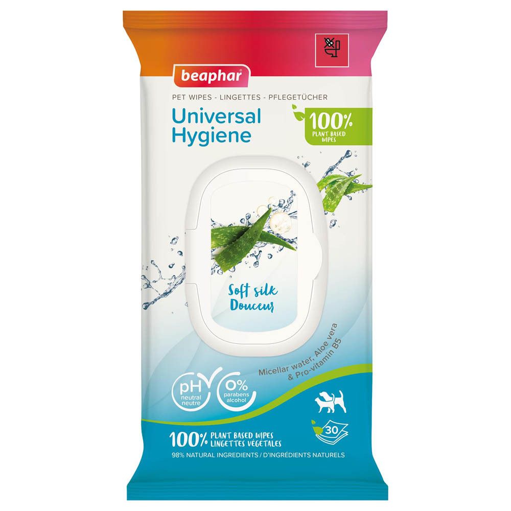 Paquet de lingettes Universal Hygiene Beaphar. Contient 30 lingettes. Avec aloe vera et provitamine B5. Lingettes 100% végétales.