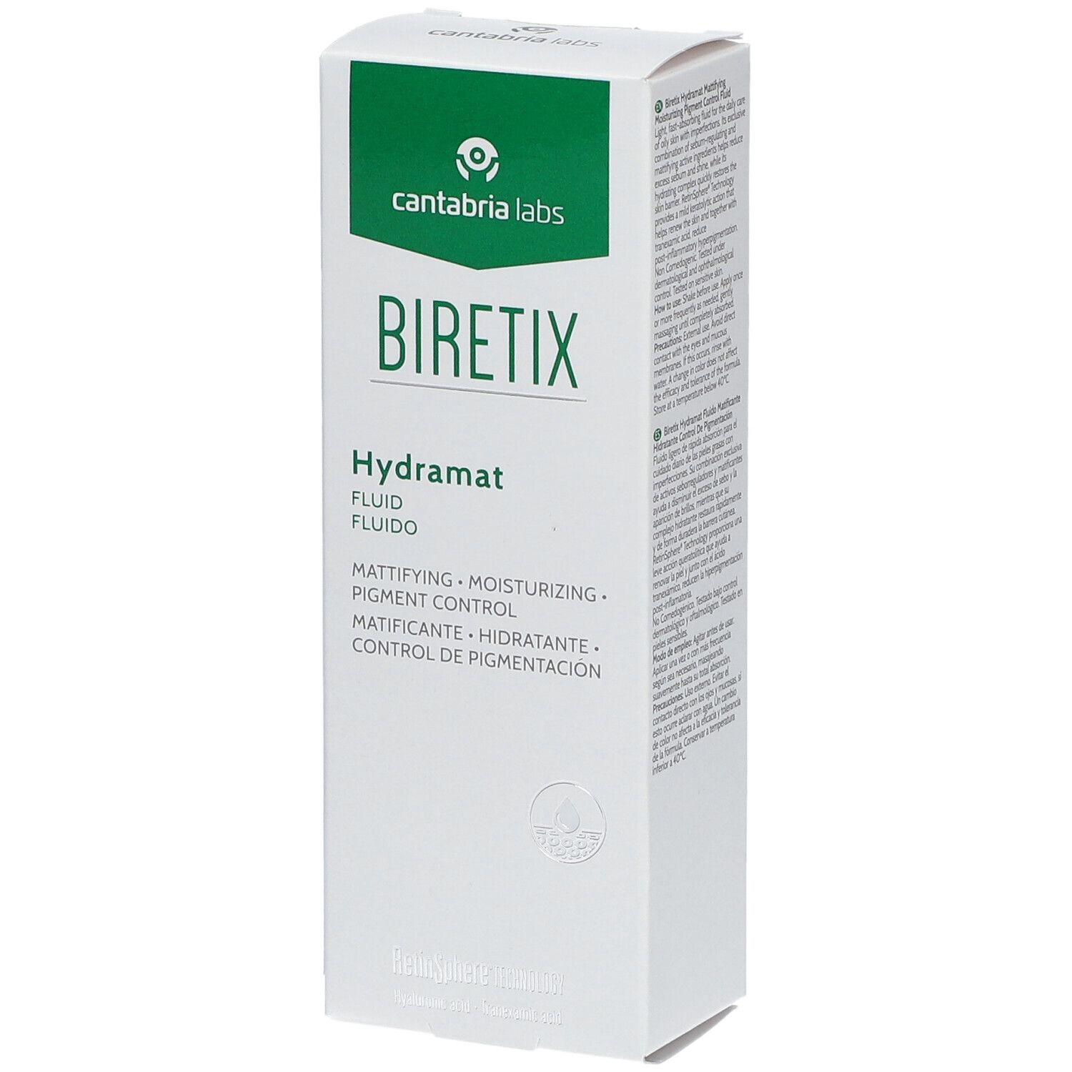 Emballage blanc avec logo vert. Inscription BIRETIX Hydramat. Indications de matification, hydratation et contrôle de la pigmentation.