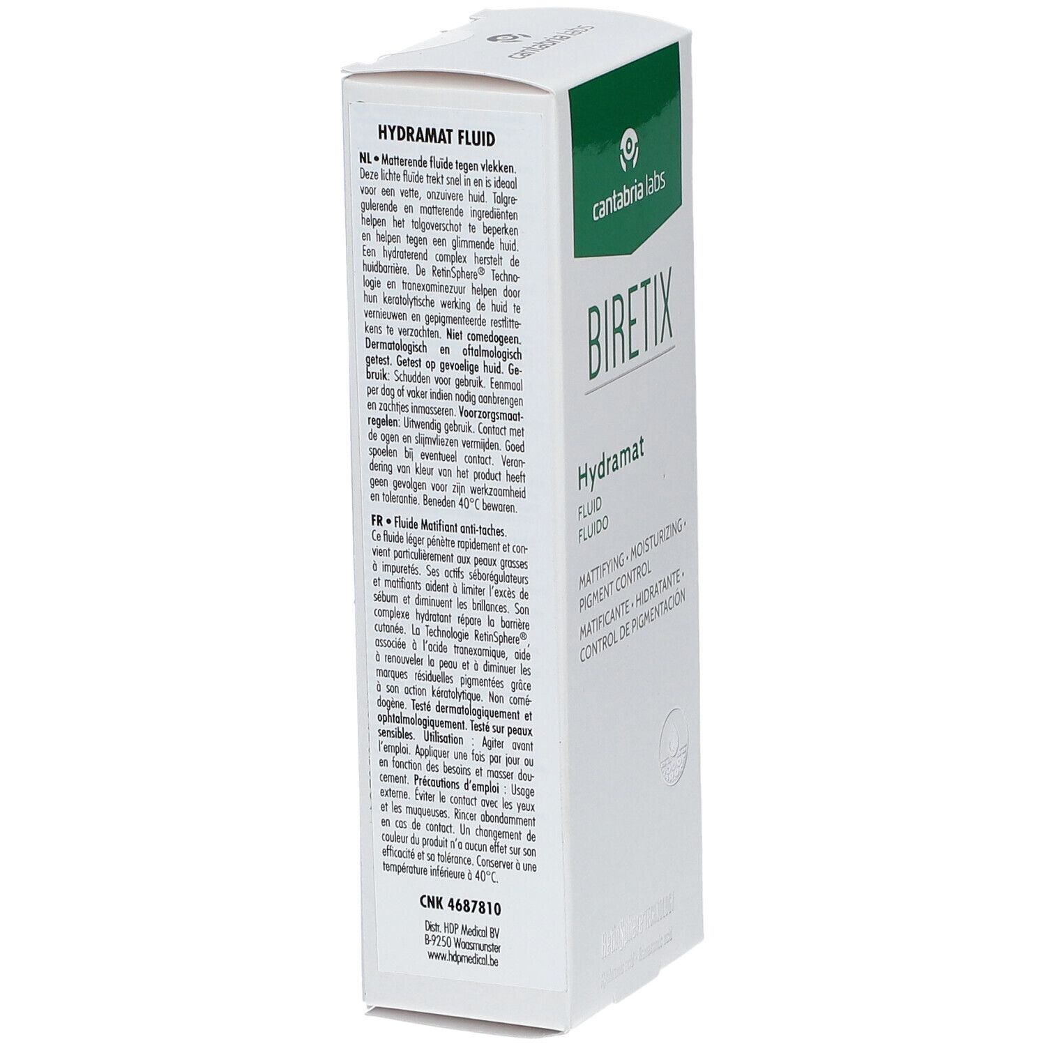 Emballage blanc, vue latérale. Texte en néerlandais et français. Logo et nom du produit BIRETIX Hydramat.