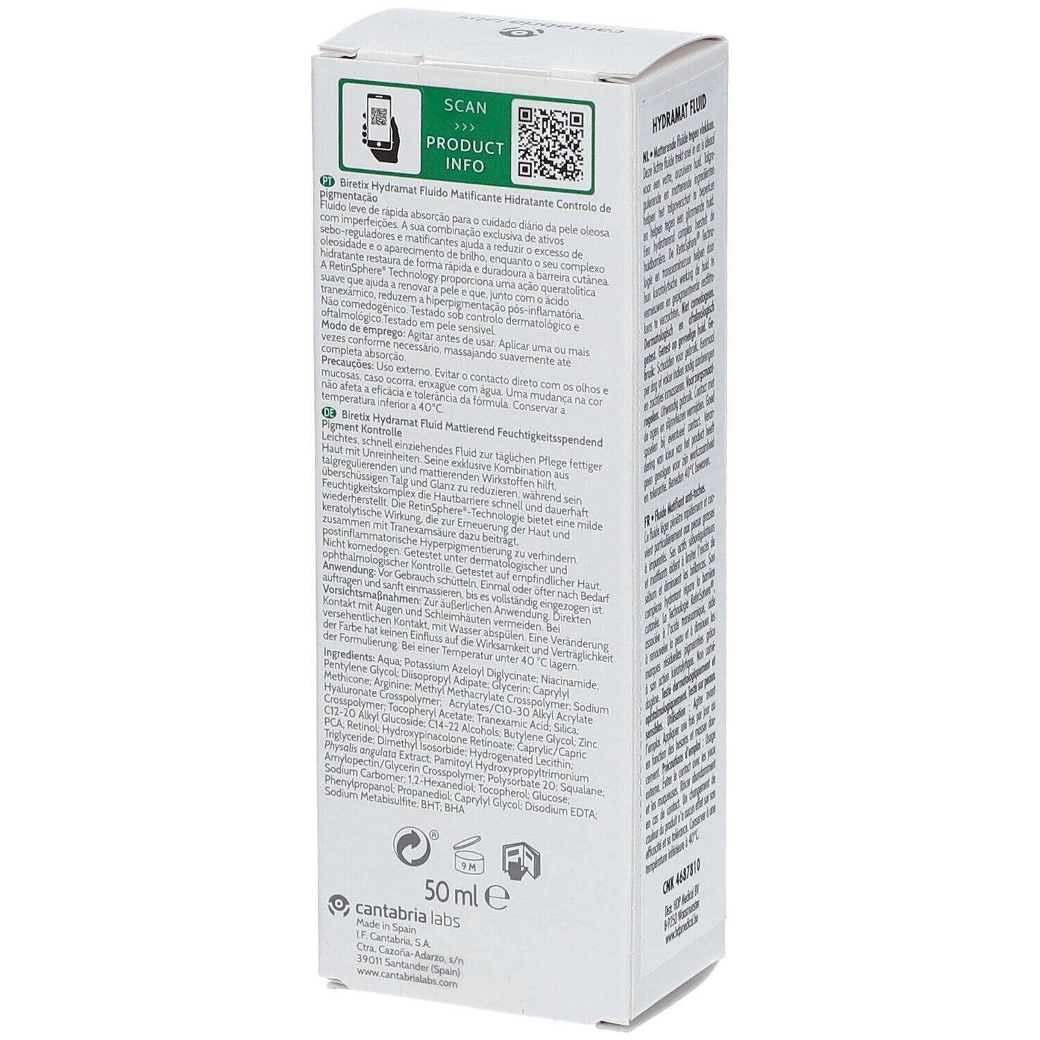 Emballage blanc, vue latérale. Texte multilingue. Logo et nom du produit BIRETIX Hydramat. Code QR.