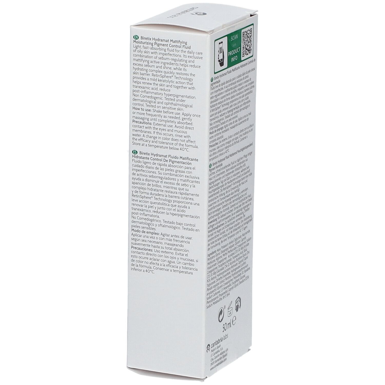 Emballage blanc, vue latérale. Texte multilingue. Logo et nom du produit BIRETIX Hydramat. Code QR.