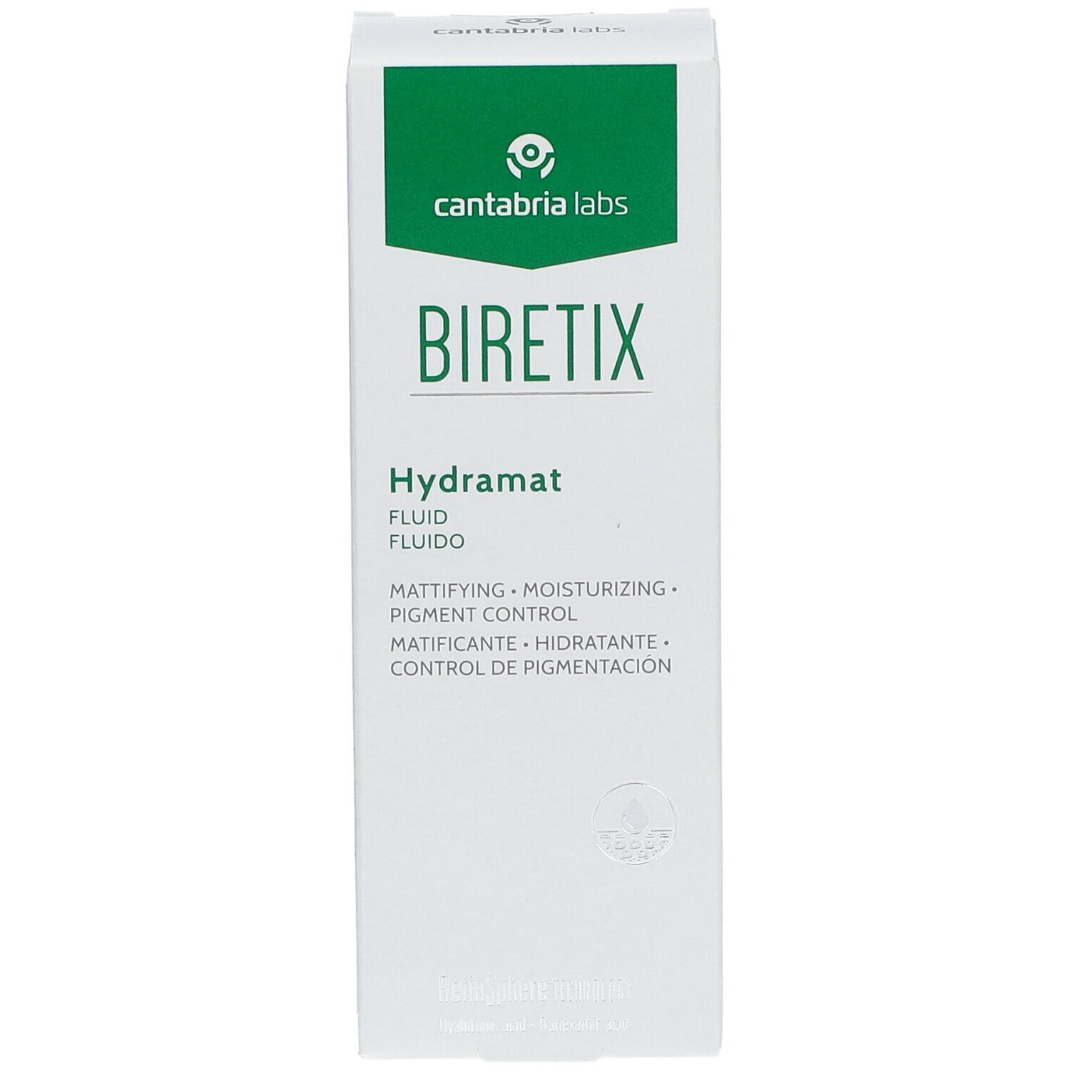 Emballage blanc avec logo vert. Inscription BIRETIX Hydramat. Indications de matification, hydratation et contrôle de la pigmentation.