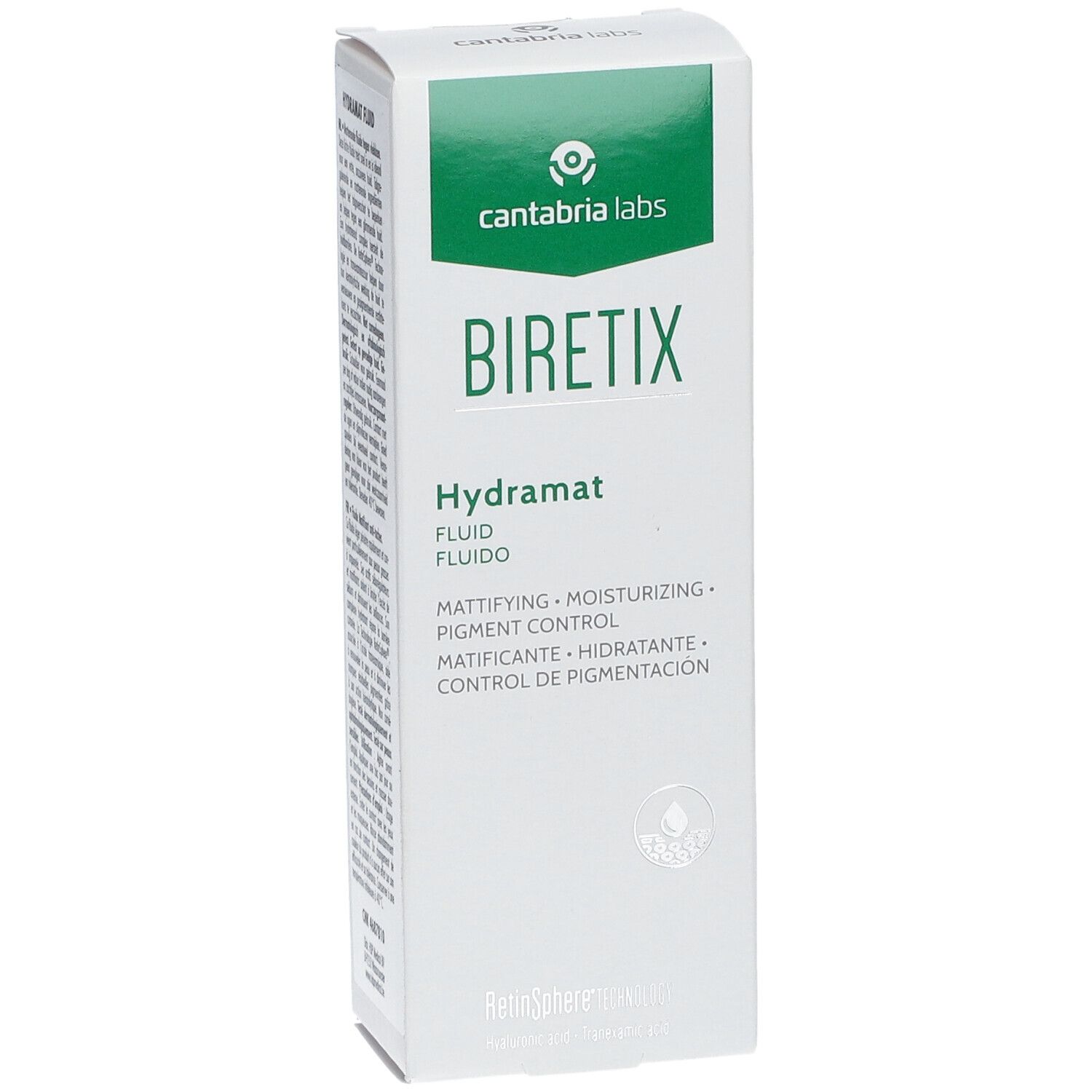 Emballage blanc avec logo vert. Inscription BIRETIX Hydramat. Indications de matification, hydratation et contrôle de la pigmentation.