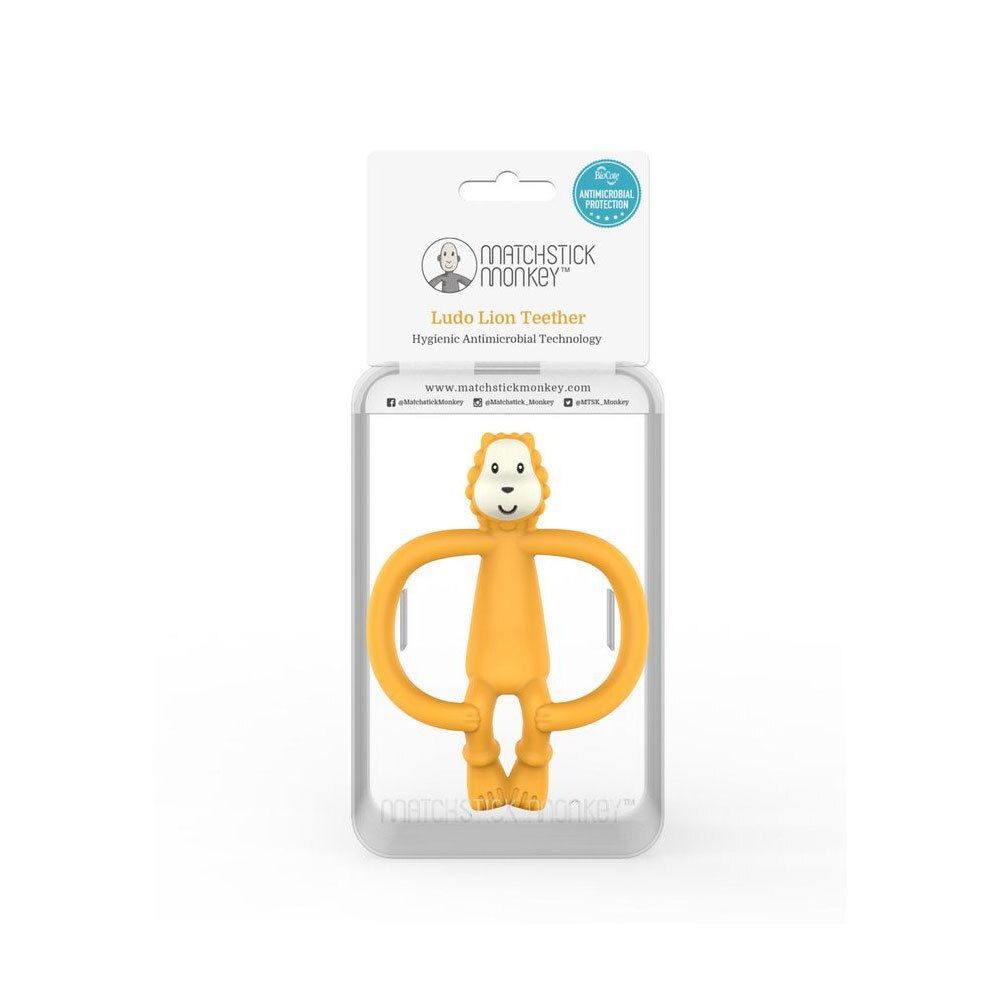 Verpakking van de gele apen-bijtring 'Ludo Lion Teether' met productafbeelding.