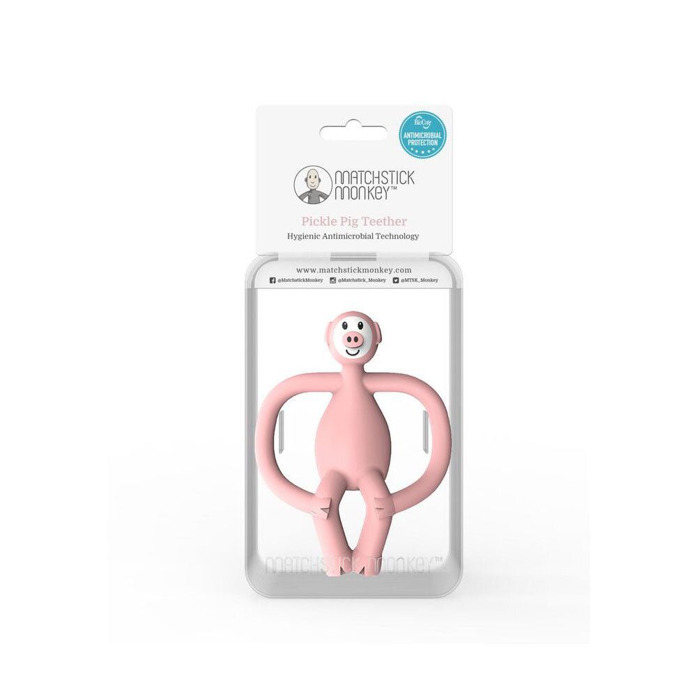 Anneau de dentition cochon rose en emballage blister avec informations produit et logo.