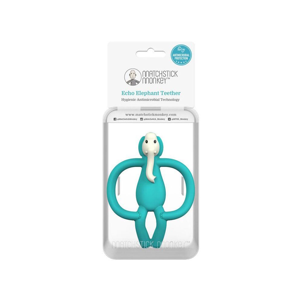 Anneau de dentition éléphant turquoise emballé avec informations produit et sceau.