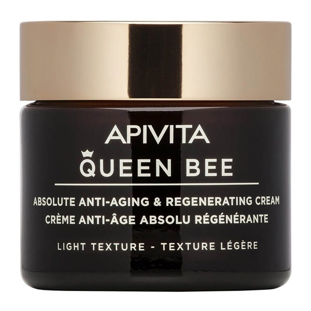 Donkere crèmepot met gouden deksel. Opschrift: Apivita Queen Bee, anti-aging crème, lichte textuur.
