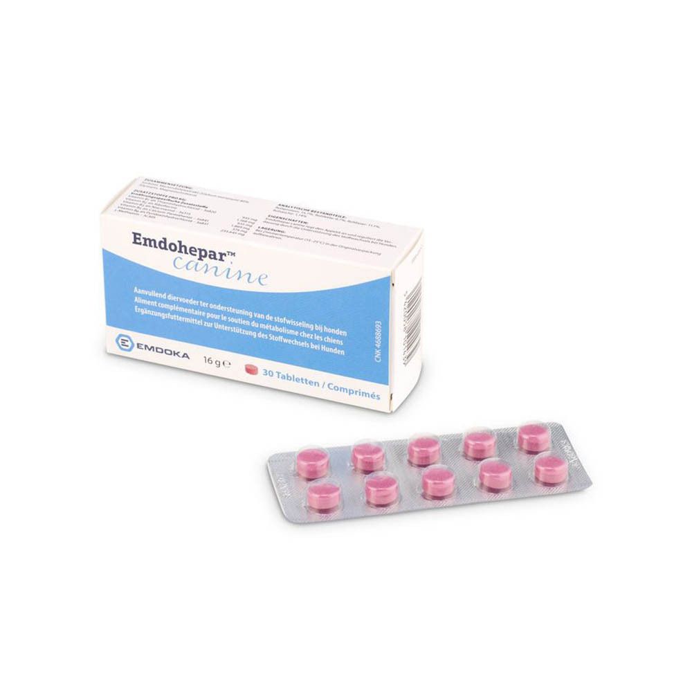 Doos "Emdohepar™ canine" en blister met tabletten. Roze tabletten. Verpakking met tekst.