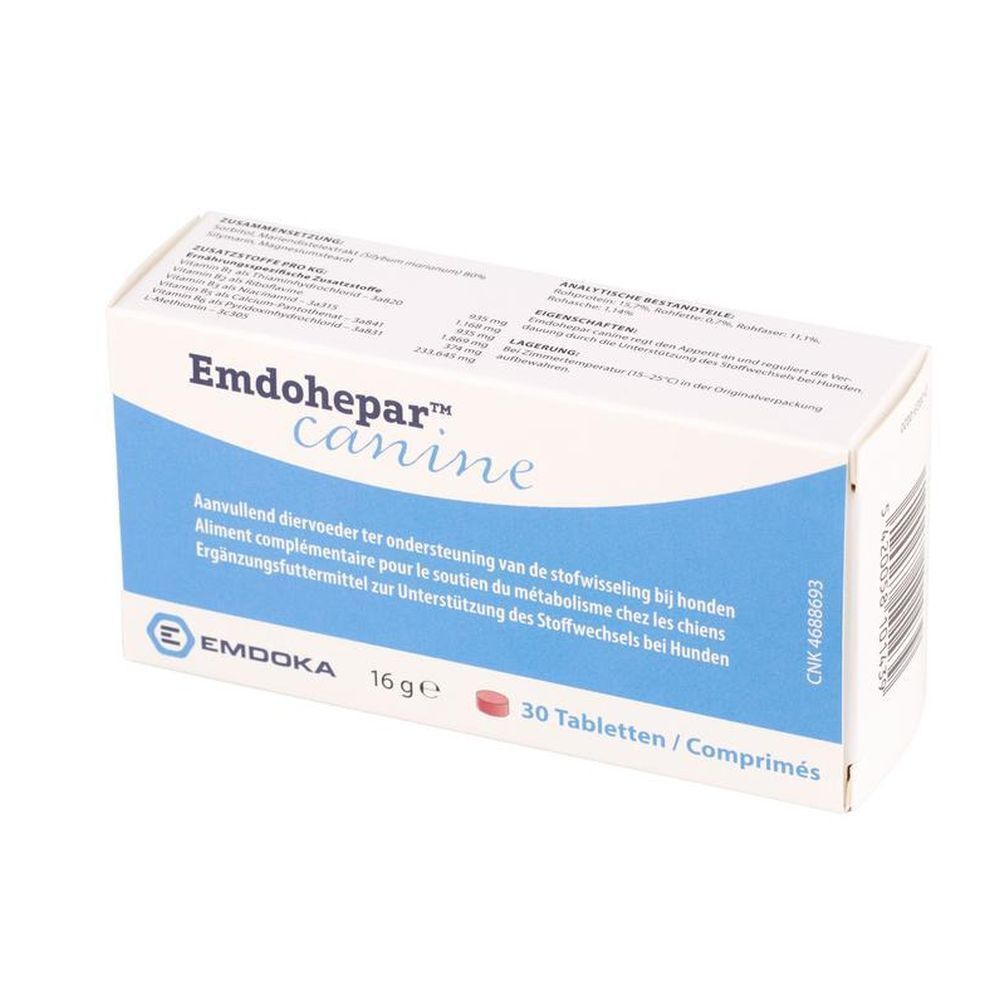 Doos "Emdohepar™ canine". Blauw en witte verpakking. Meertalige tekst. 30 tabletten.