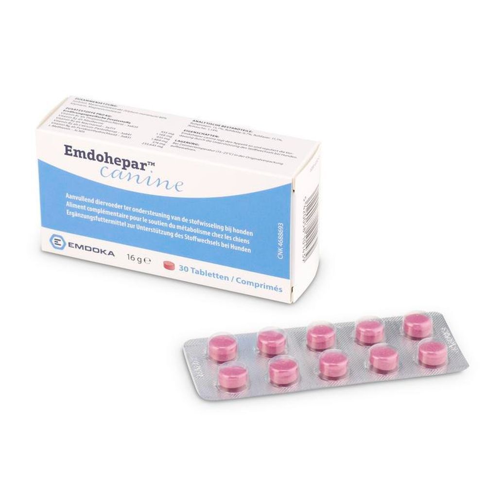 Doos "Emdohepar™ canine" en blister met tabletten. Roze tabletten. Verpakking met tekst.