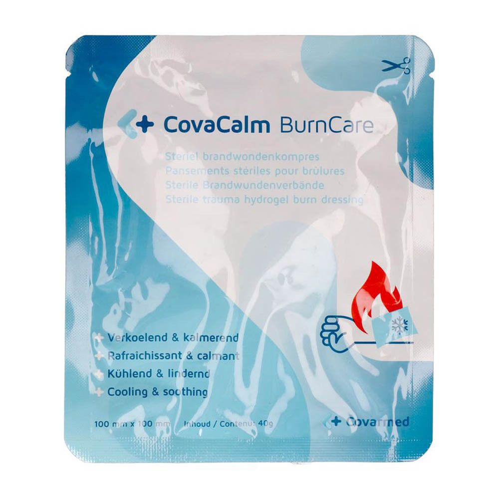 Verpakking CovaCalm BurnCare. Blauw-witte folie met productnaam, vlam-ijs symbool, tekst in meerdere talen en afmeting 100x100 mm.