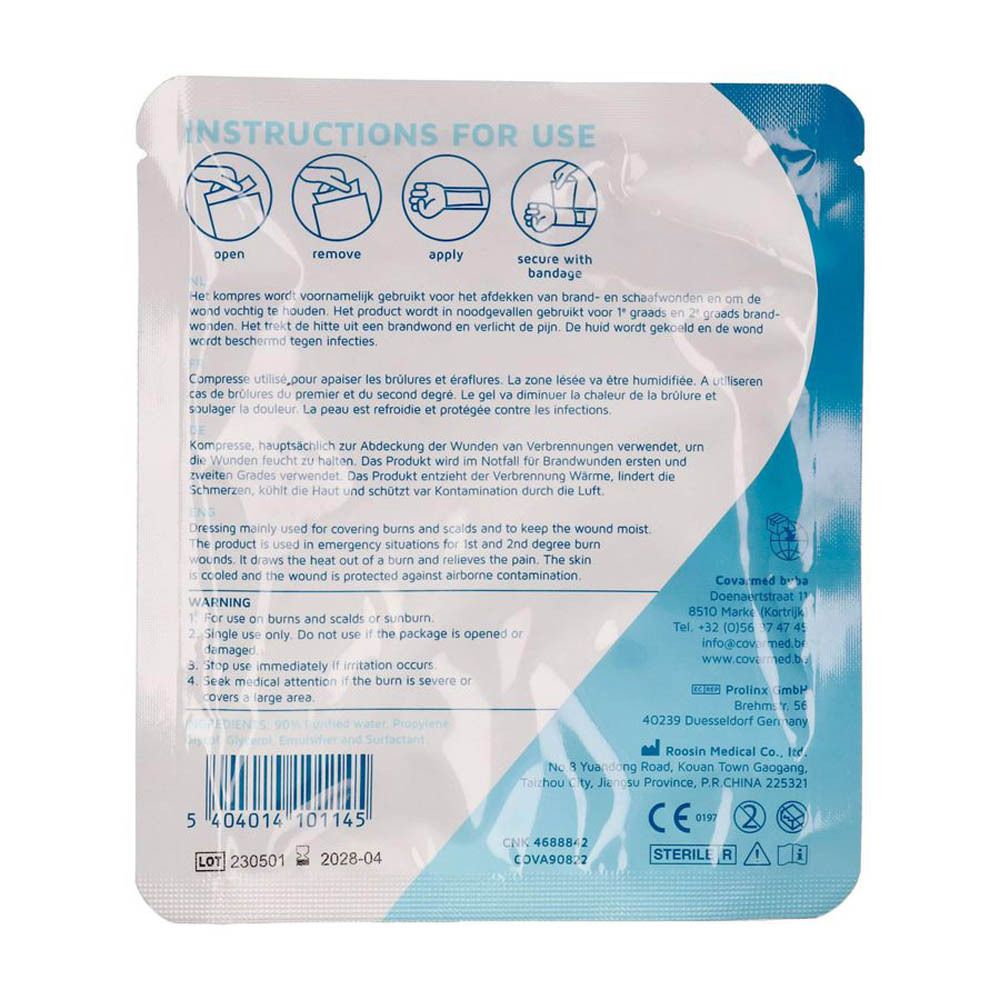 Dos de l'emballage CovaCalm BurnCare. Texte multilingue : instructions d'utilisation, ingrédients, informations fabricant et numéro de lot.