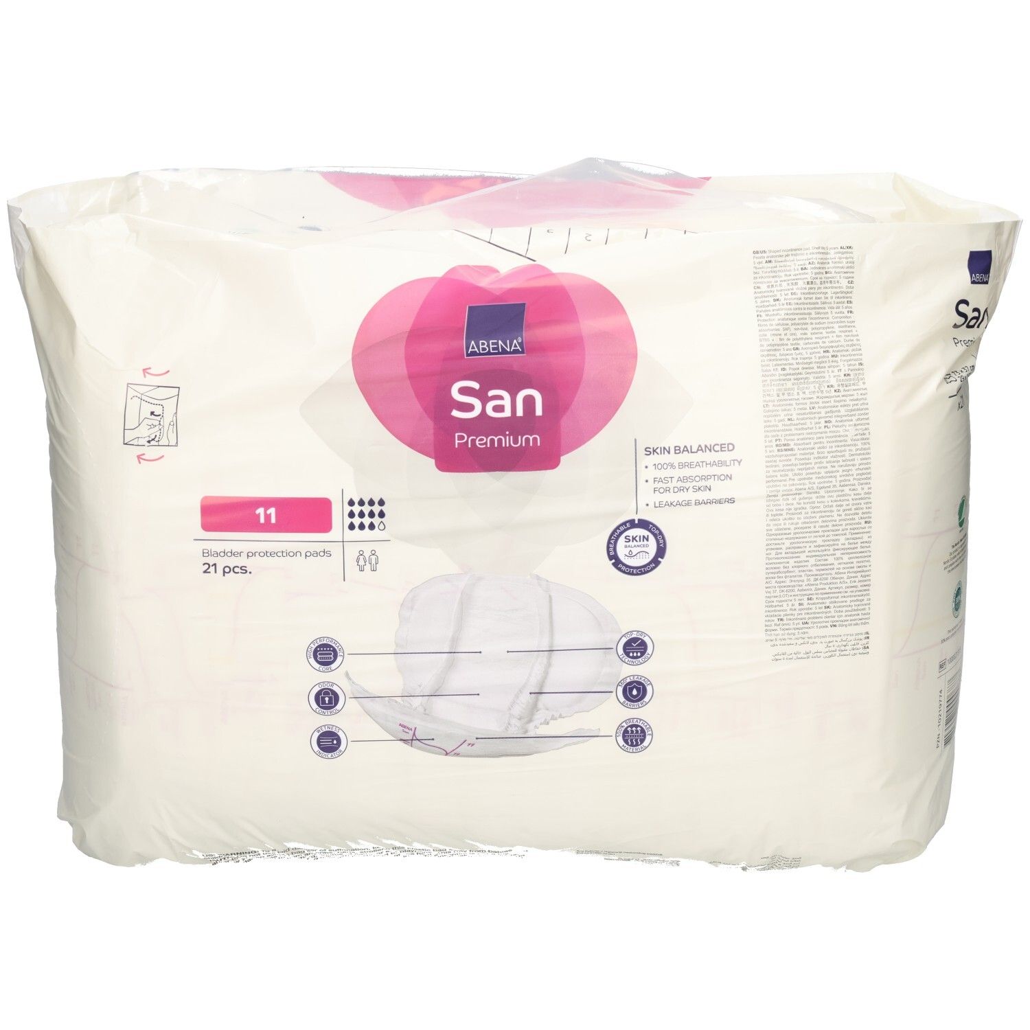 Paquet de protections Abena San Premium 11. Emballage rose et blanc avec nom et logo. 21 pièces. Équilibre cutané.