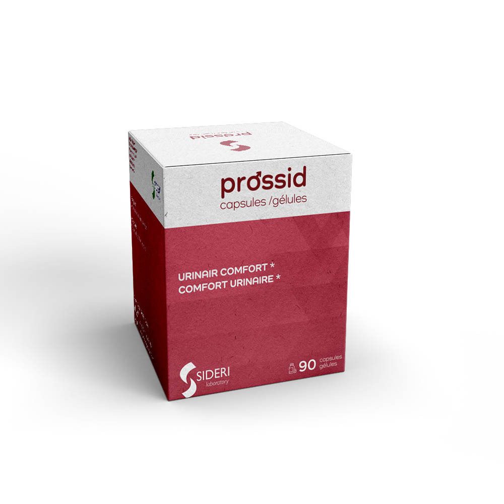 Witte en rode doos met "prossid" en "capsules / gélules". Opschrift "URINAIR COMFORT *" en "90 capsules / gélules".