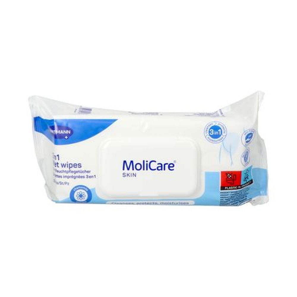 Paquet de lingettes humides MoliCare Skin 3en1. Zone orange avec nom du produit et 3en1. Emballage bleu et blanc.
