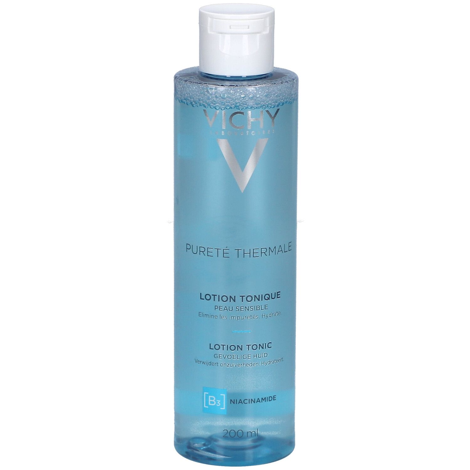 Vichy Pureté Thermale Lotion Tonique Perfectrice. Bouteille bleue avec bouchon blanc. Informations produit sur le devant.