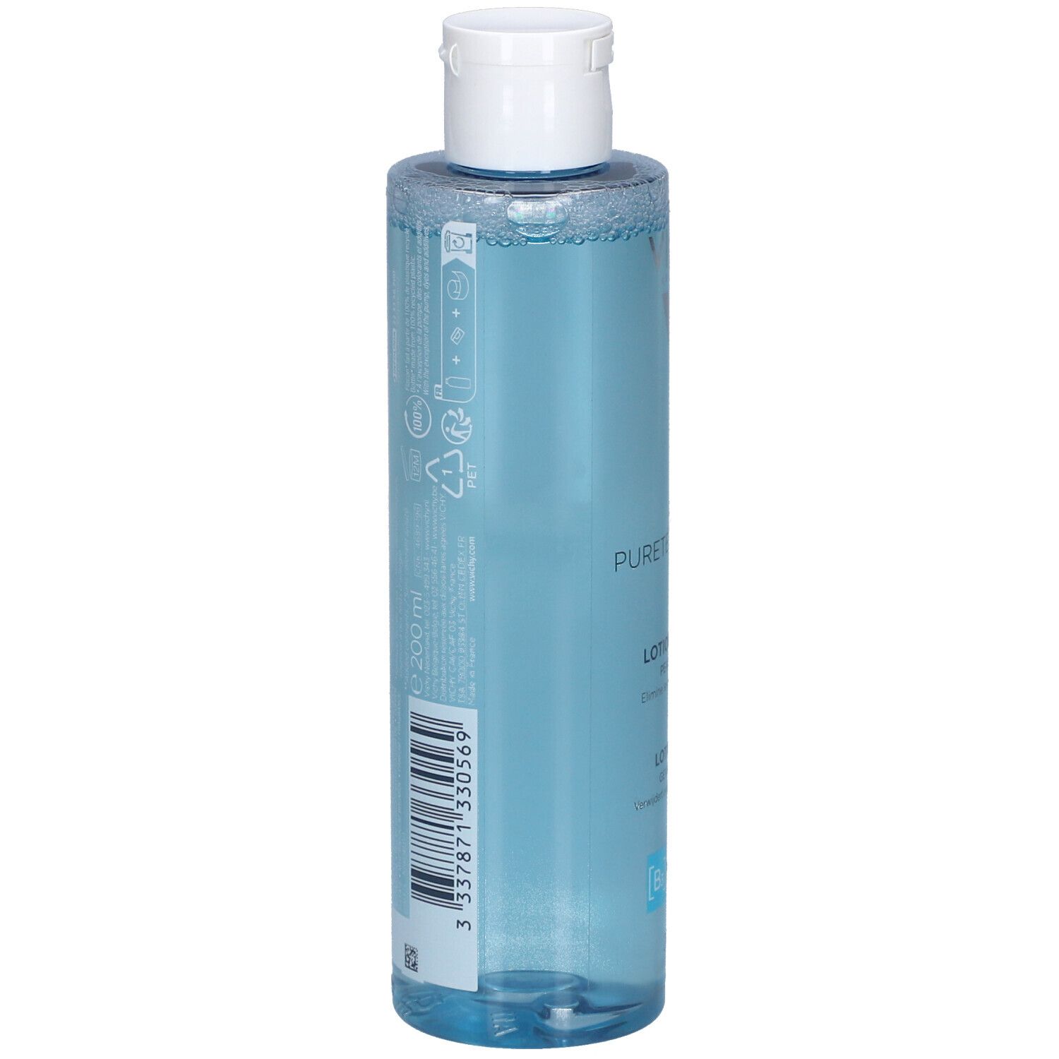Vue arrière de la bouteille Vichy Pureté Thermale Lotion Tonique Perfectrice. Code-barres et informations produit.