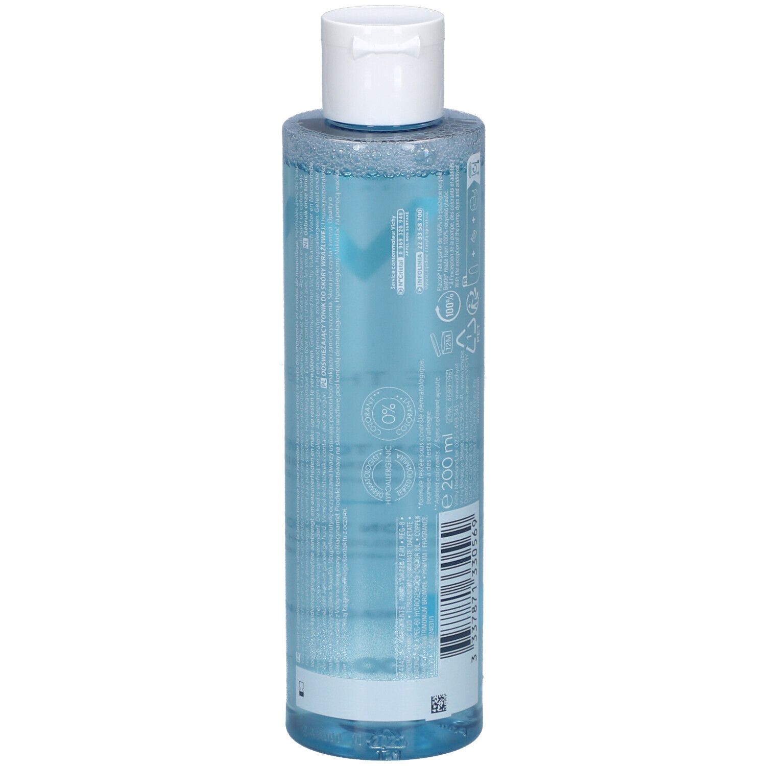 Vue arrière de la bouteille Vichy Pureté Thermale Lotion Tonique Perfectrice. Détail des informations produit.