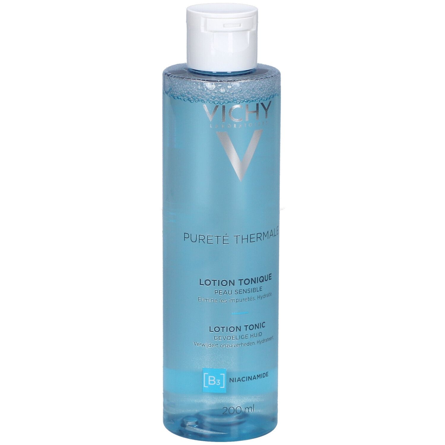 Vichy Pureté Thermale Lotion Tonique Perfectrice. Bouteille bleue avec bouchon blanc. Informations produit sur le devant.