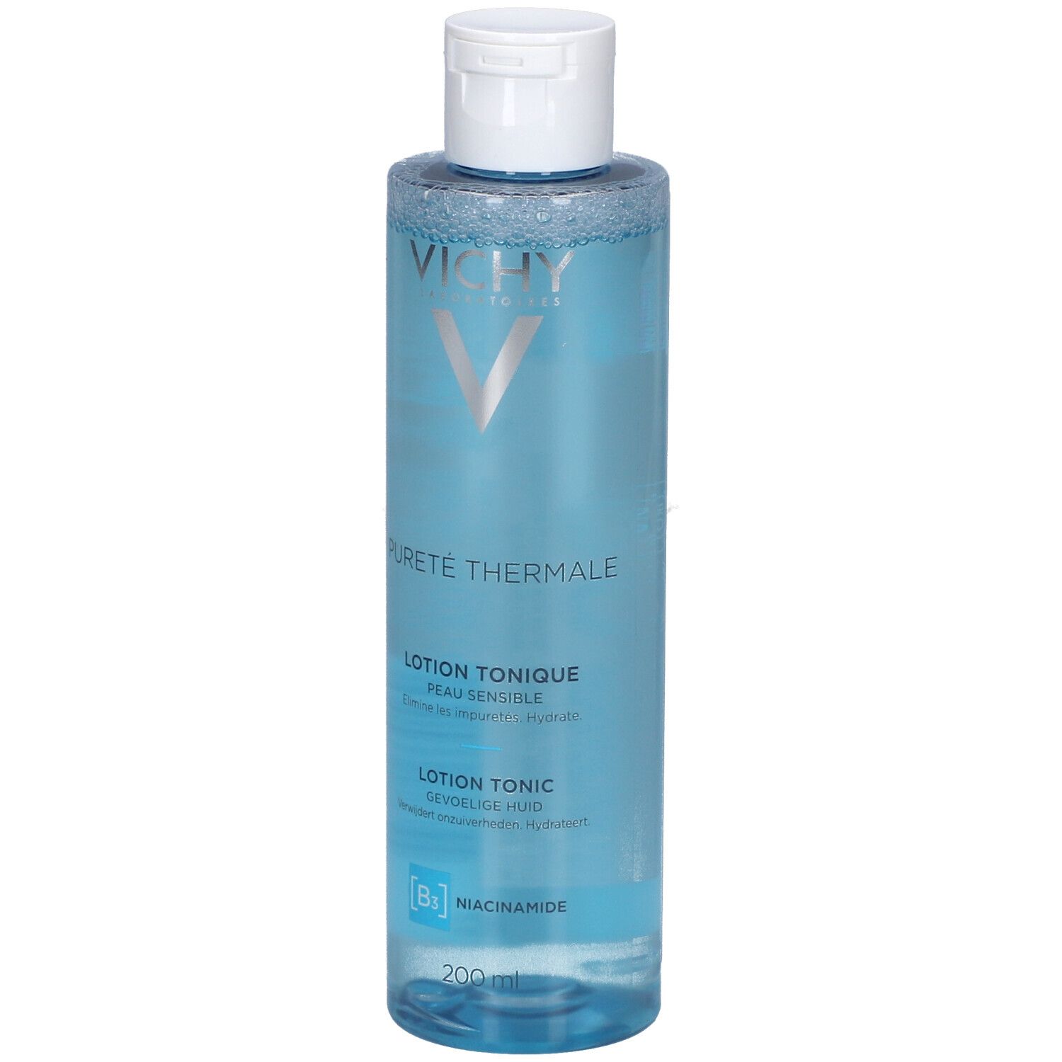 Vichy Pureté Thermale Lotion Tonique Perfectrice. Bouteille bleue avec bouchon blanc. Informations produit sur le devant.