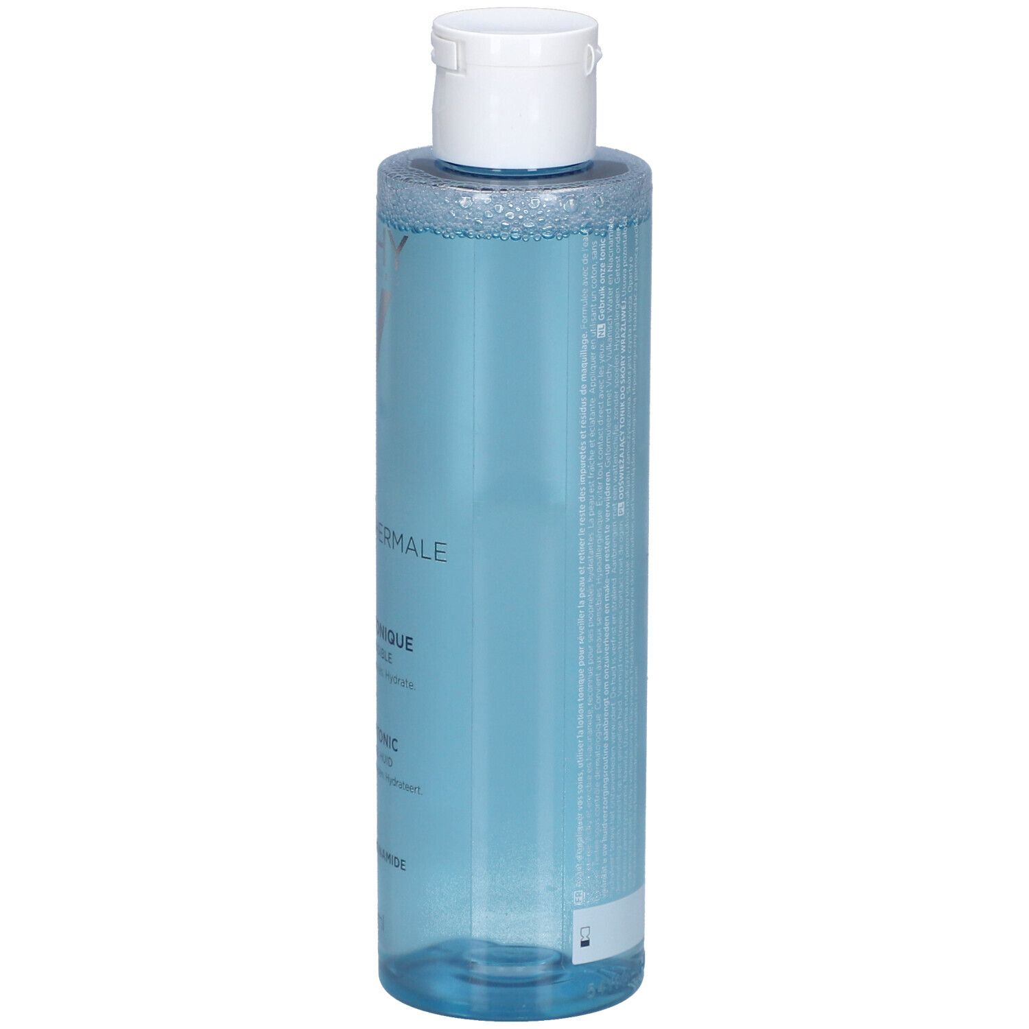 Vichy Pureté Thermale Lotion Tonique Perfectrice. Bouteille bleue avec bouchon blanc. Informations produit sur le côté.