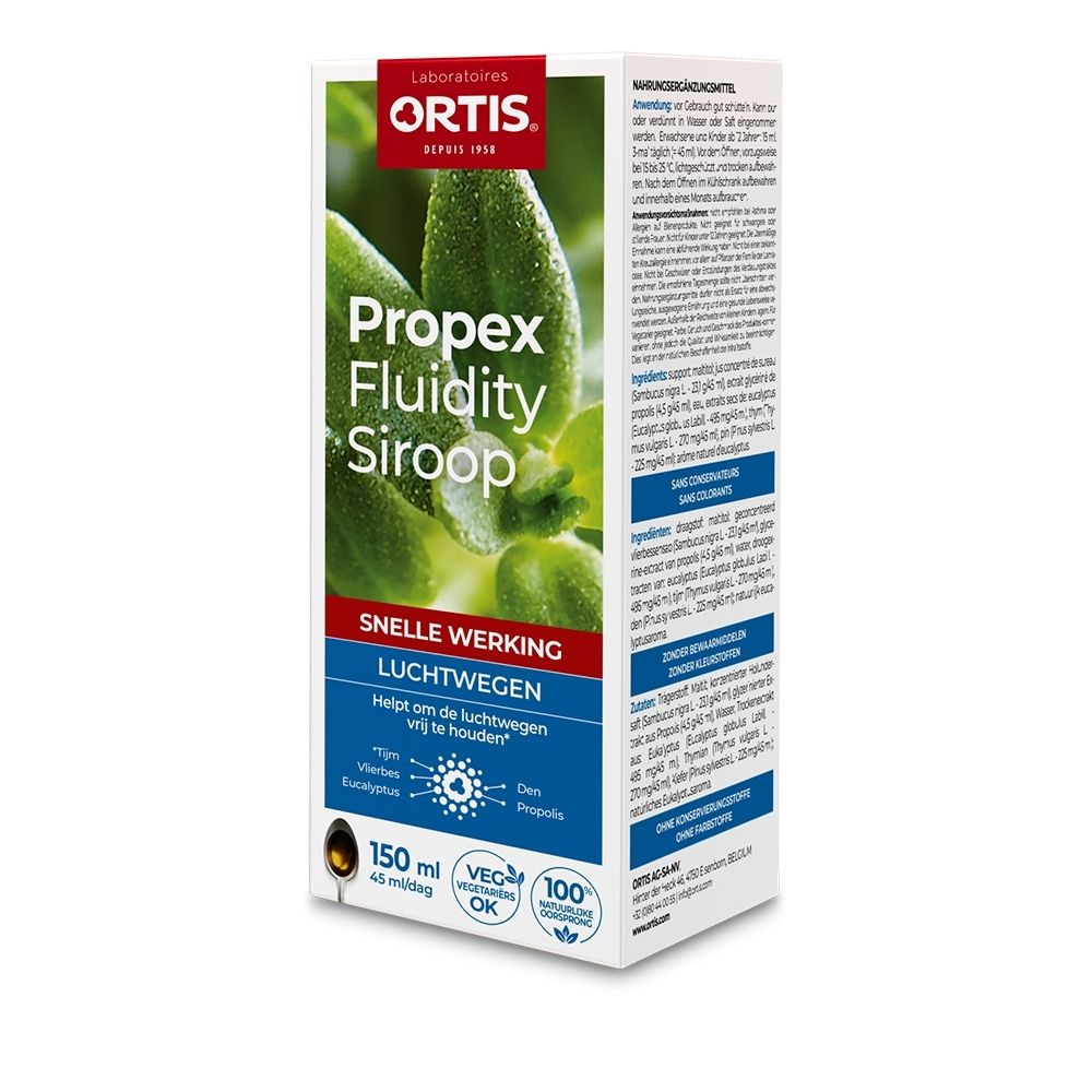 Ortis Propex Sirop Fluidity 150ml verpakking met groene bladeren en waterdruppels.