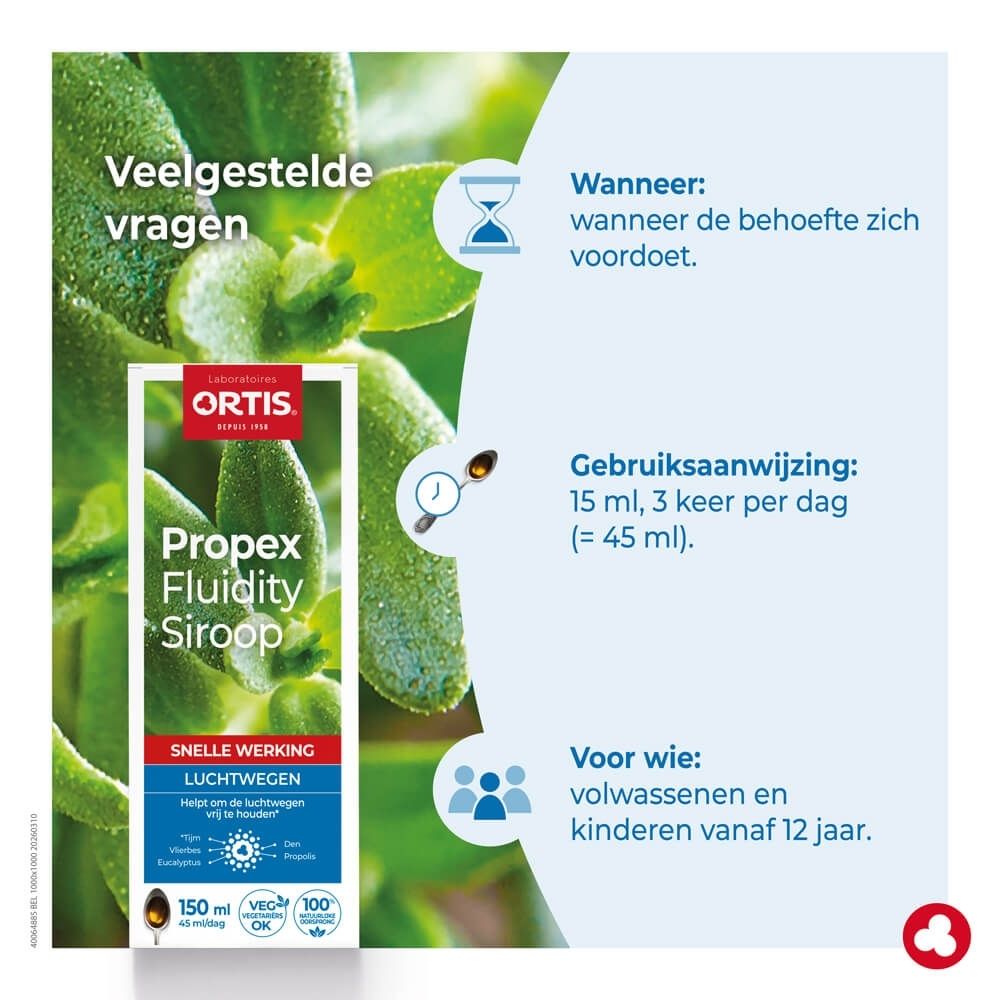 Ortis Propex Sirop Fluidity verpakking met gedetailleerde informatie en illustraties.