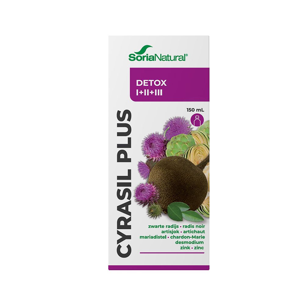 Verpakking met opschrift CYRASIL PLUS DETOX. Bevat 150 ml. Afbeelding van artisjok en mariadistel.