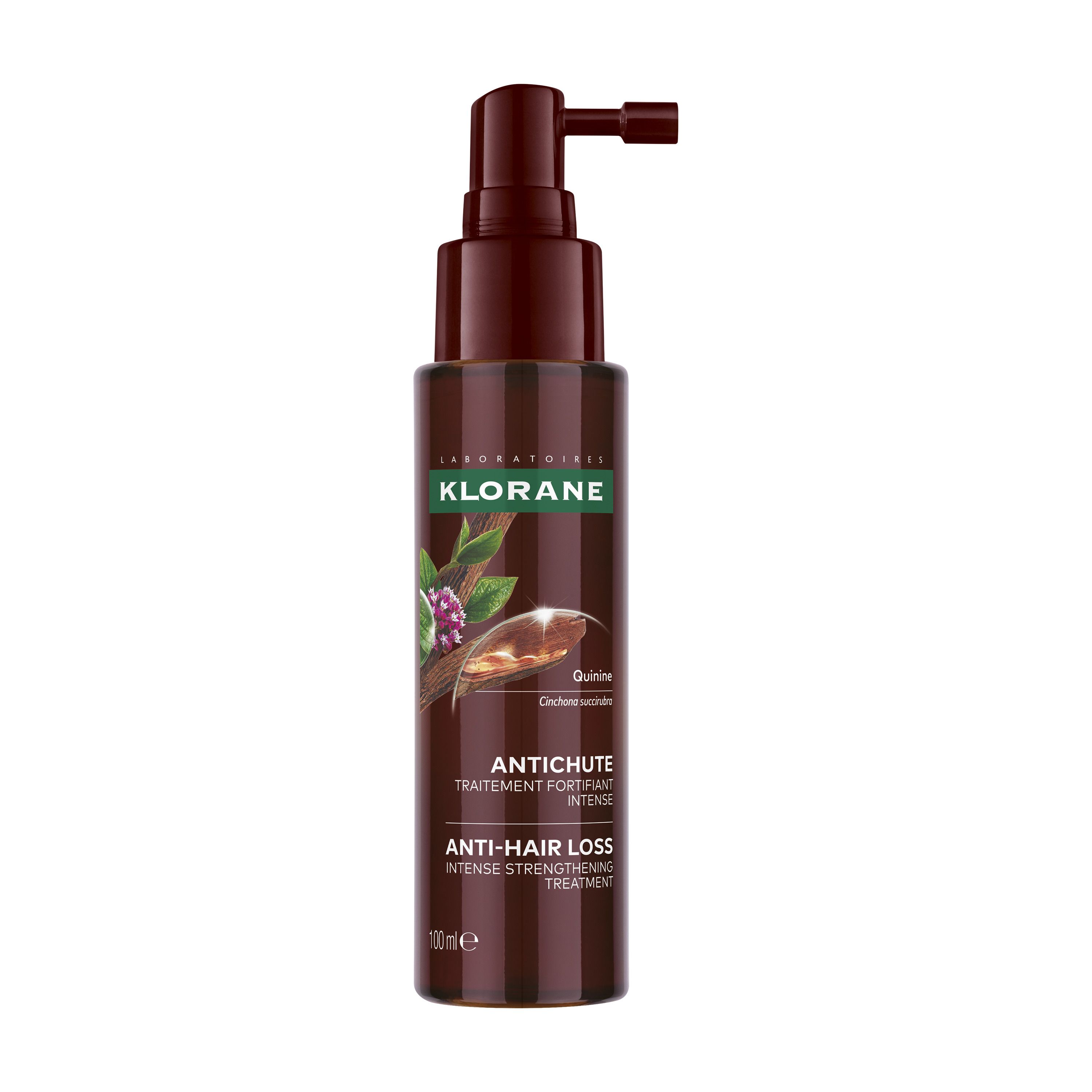 Flacon marron avec applicateur. Inscription: Klorane, Antichute, Anti-Hair Loss.
