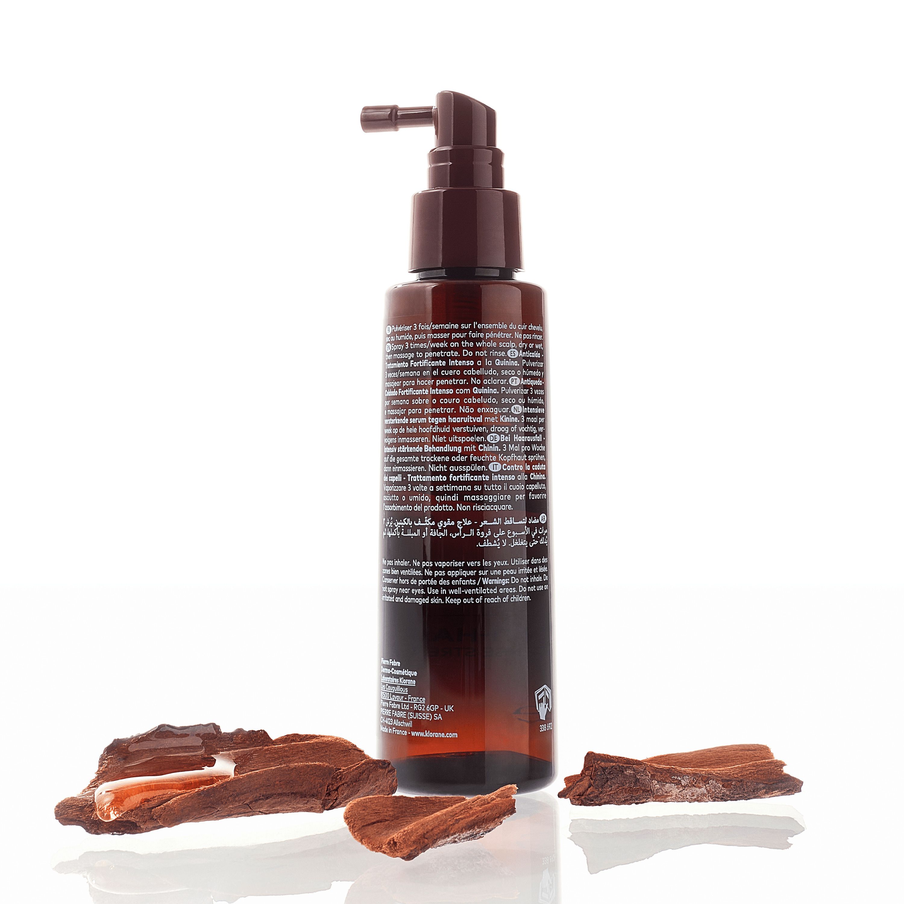 Flacon marron avec applicateur. Inscription: Klorane, Antichute, Anti-Hair Loss.